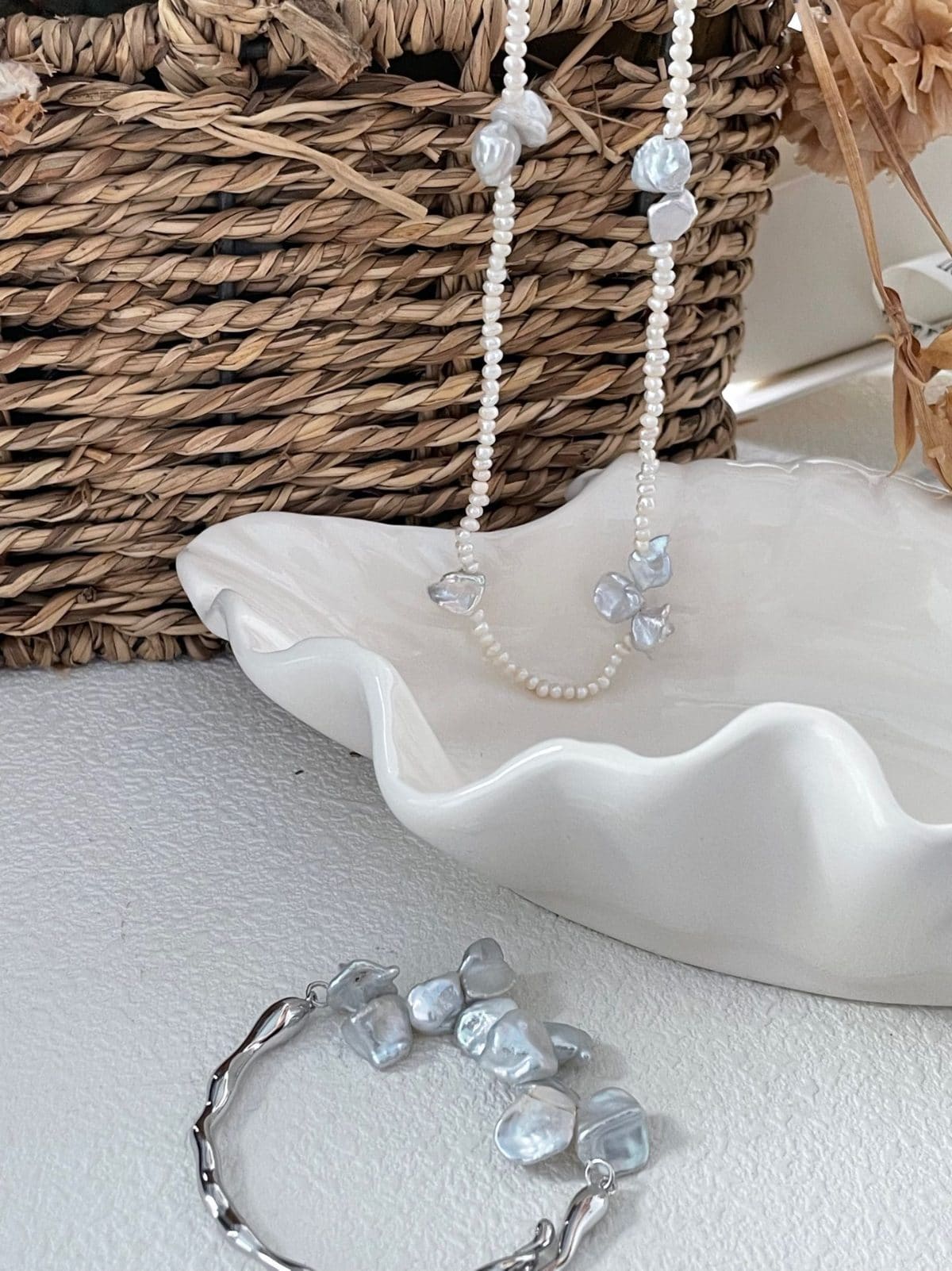minimalist baroque pearl necklaces — Sterling Silver Petal Crystal & Pearl Necklace | PoetPearl handcrafted jewelry