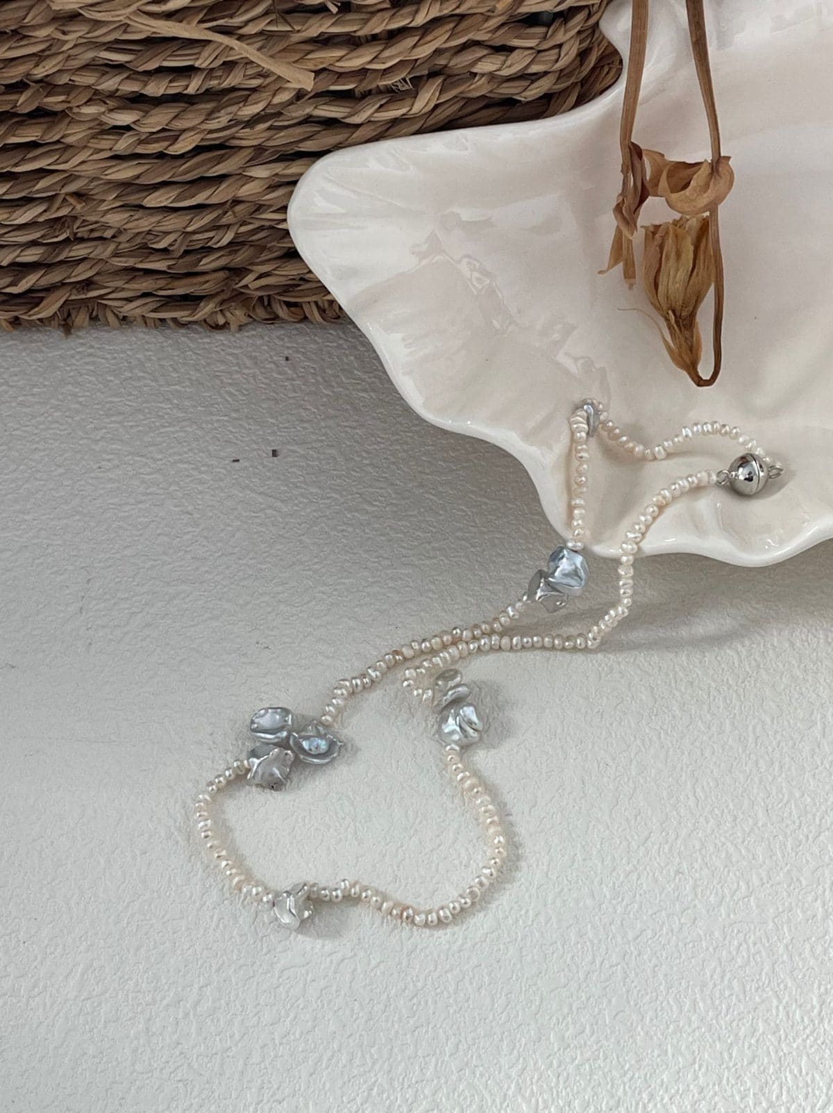 minimalist baroque pearl necklaces — Sterling Silver Petal Crystal & Pearl Necklace | PoetPearl handcrafted jewelry