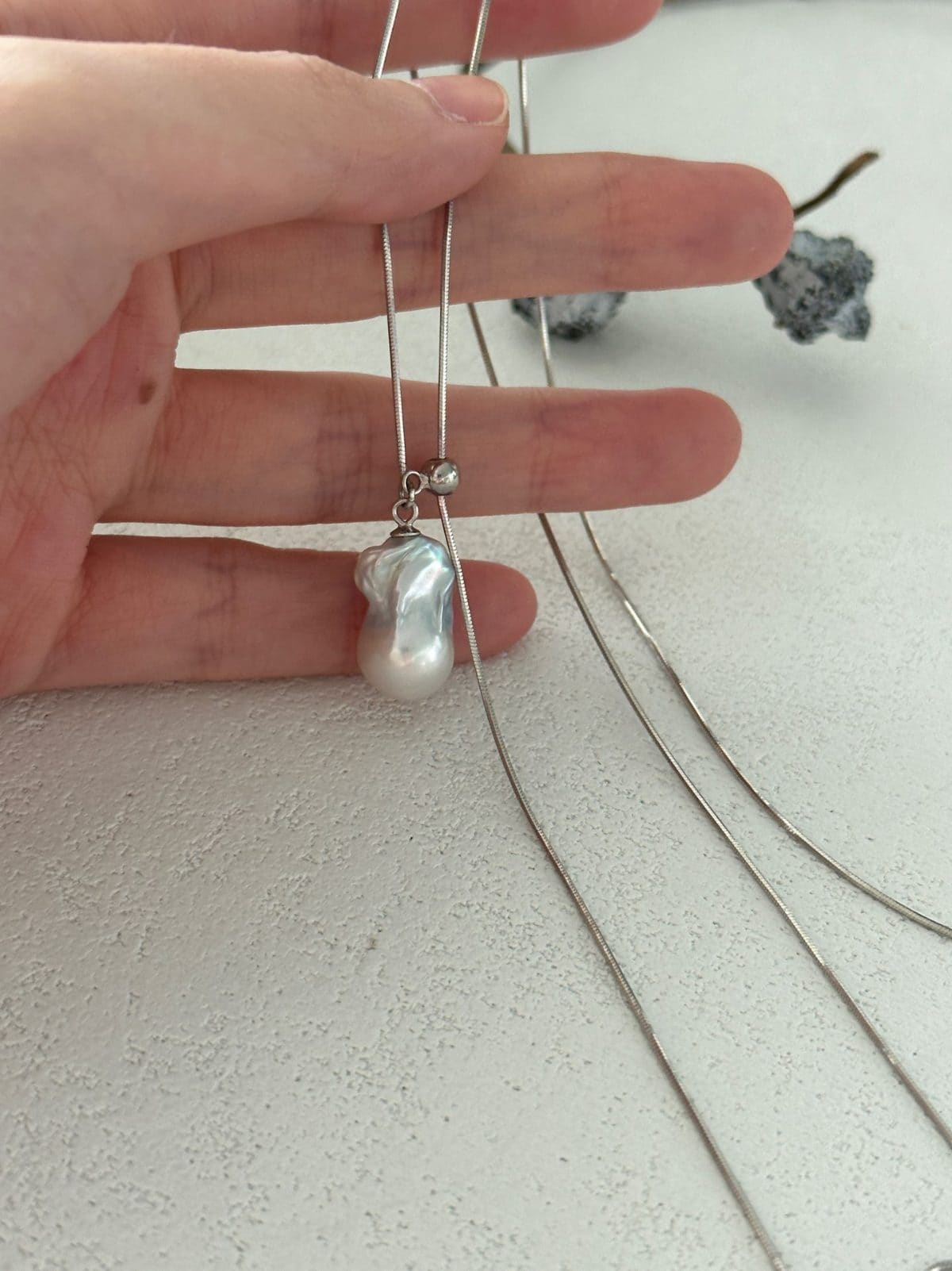 minimalist baroque pearl necklaces — Sterling Silver Baroque Pearl Slider Necklace | PoetPearl handcrafted jewelry