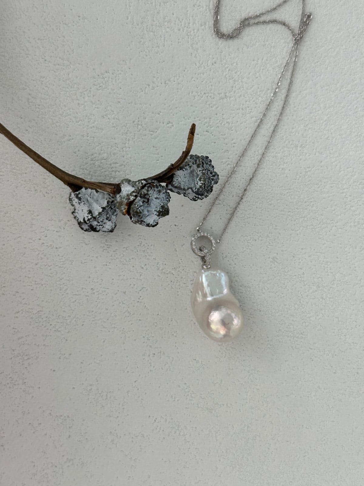 minimalist baroque pearl necklaces — Sterling Silver Double Circle CZ & Baroque Pearl Adjustable Necklace | PoetPearl handcrafted jewelry