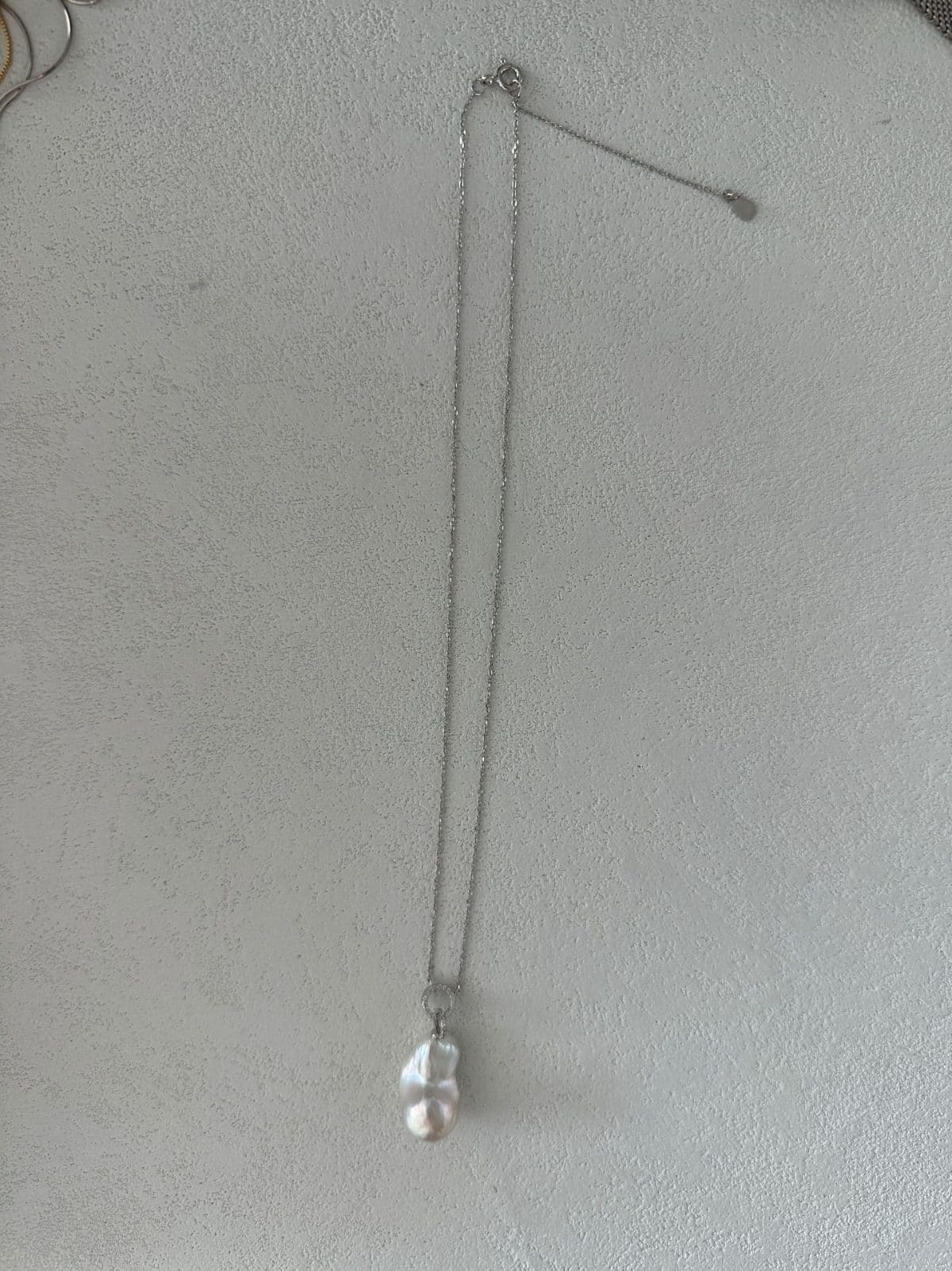minimalist baroque pearl necklaces — Sterling Silver Double Circle CZ & Baroque Pearl Adjustable Necklace | PoetPearl handcrafted jewelry