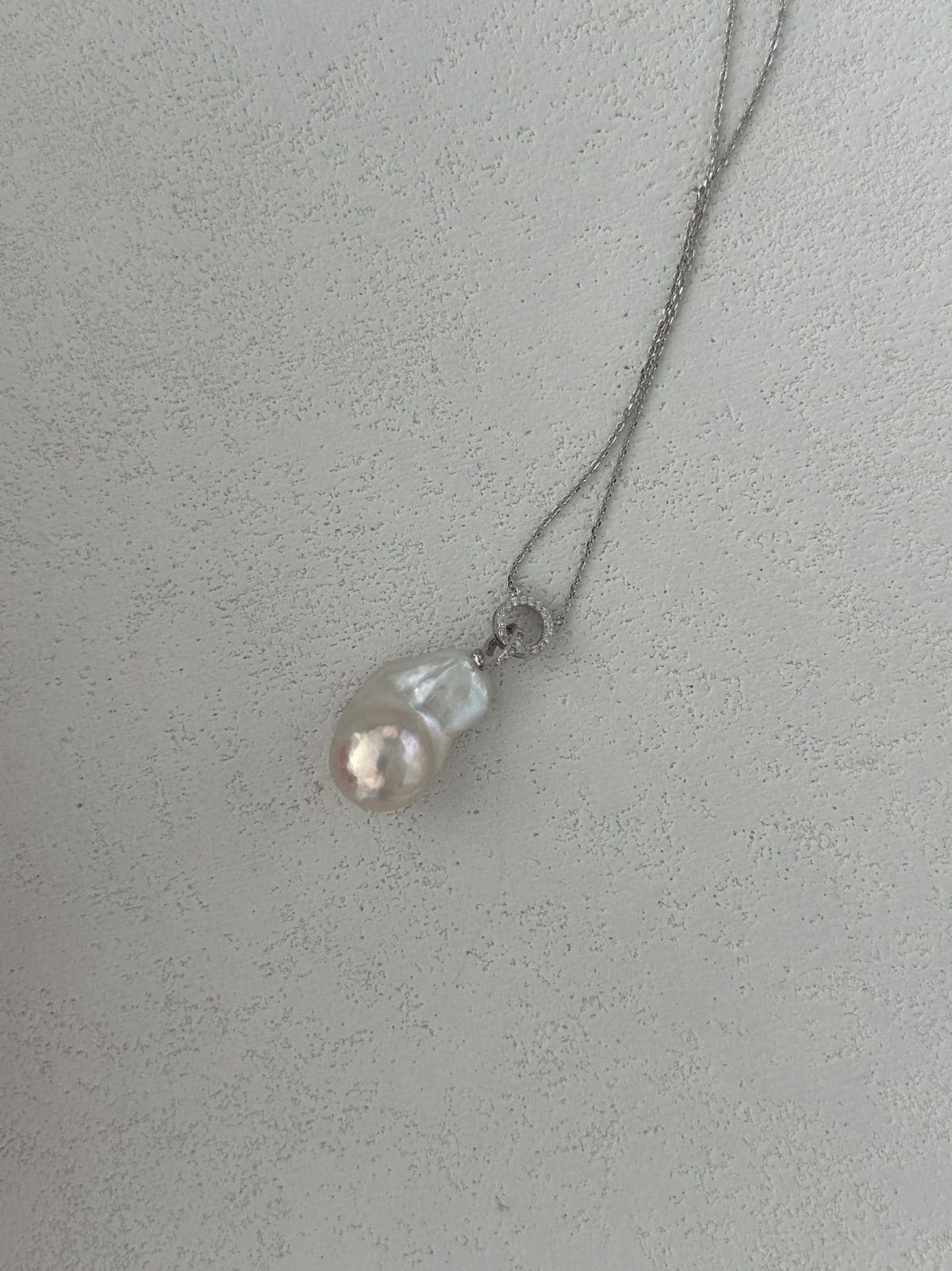 minimalist baroque pearl necklaces — Sterling Silver Double Circle CZ & Baroque Pearl Adjustable Necklace | PoetPearl handcrafted jewelry