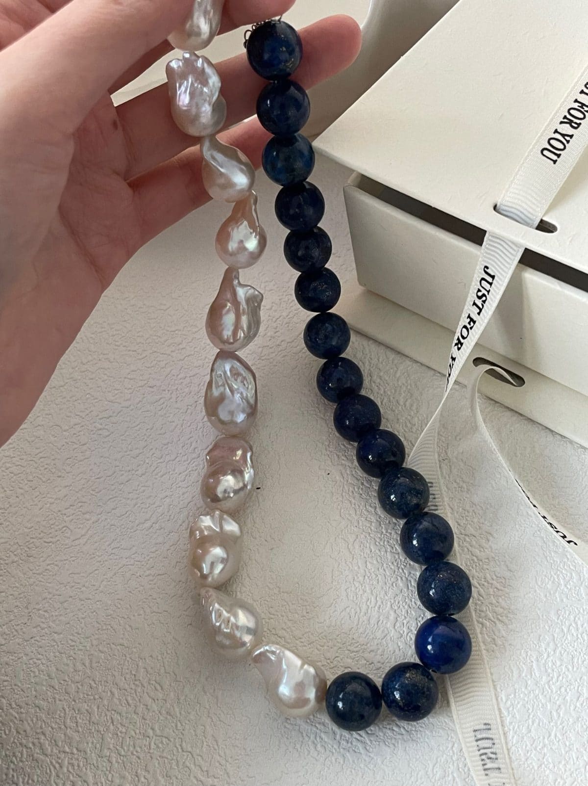 natural gemstone and baroque pearl necklaces — Sterling Silver Lapis Lazuli & Large Baroque Pearl Beaded Necklace | PoetPearl handcrafted jewelry