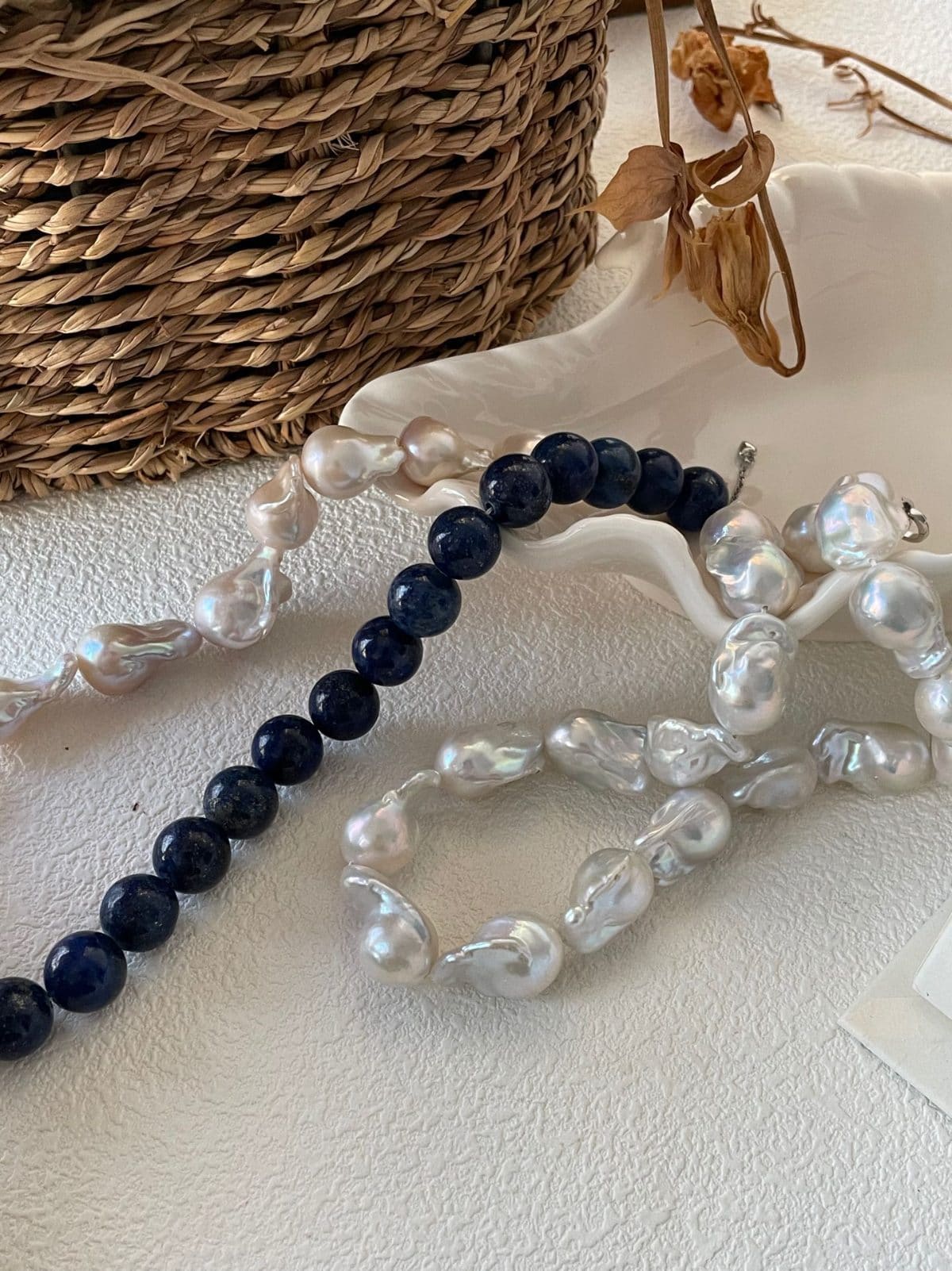 natural gemstone and baroque pearl necklaces — Sterling Silver Lapis Lazuli & Large Baroque Pearl Beaded Necklace | PoetPearl handcrafted jewelry