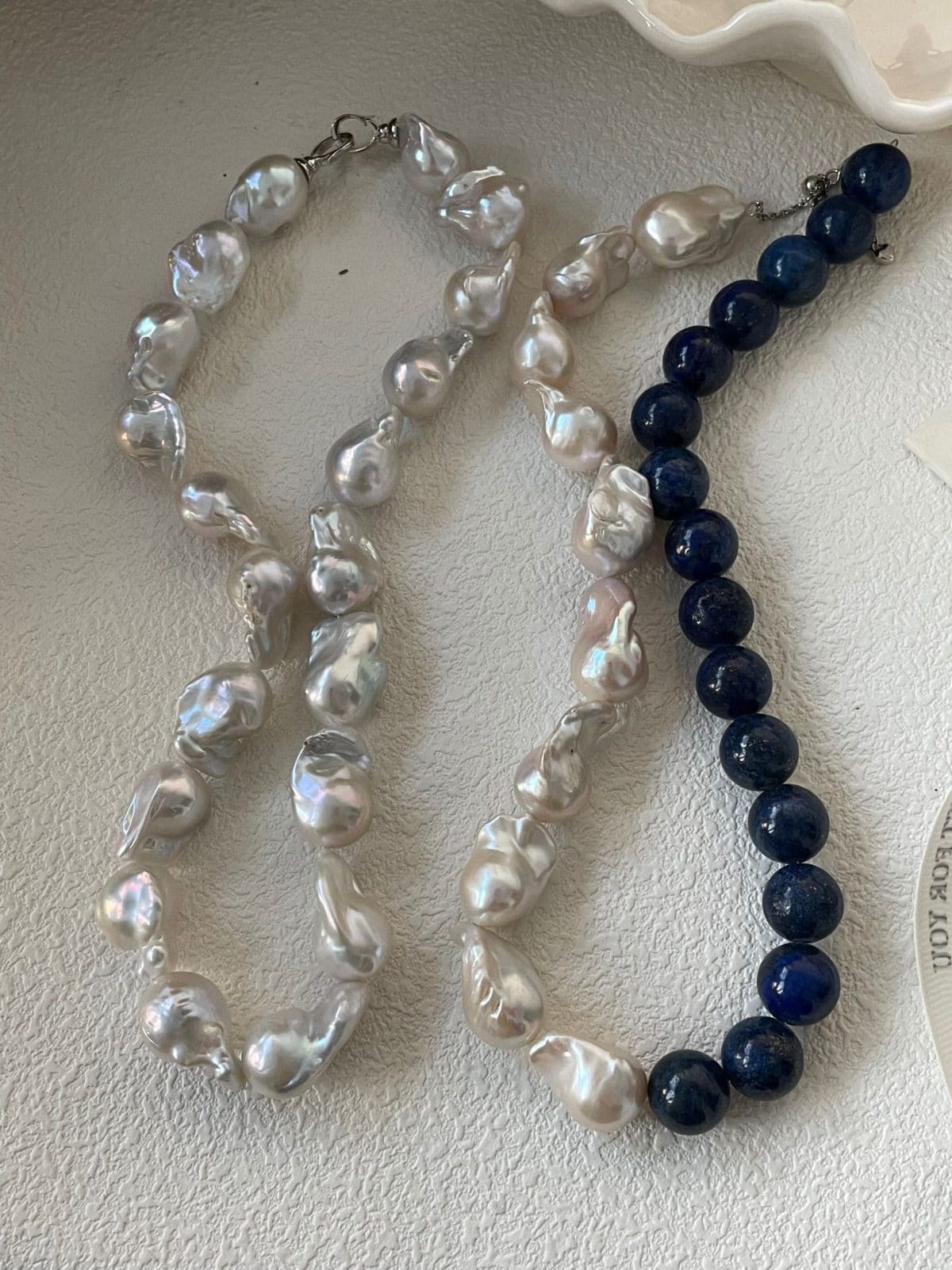 natural gemstone and baroque pearl necklaces — Sterling Silver Lapis Lazuli & Large Baroque Pearl Beaded Necklace | PoetPearl handcrafted jewelry