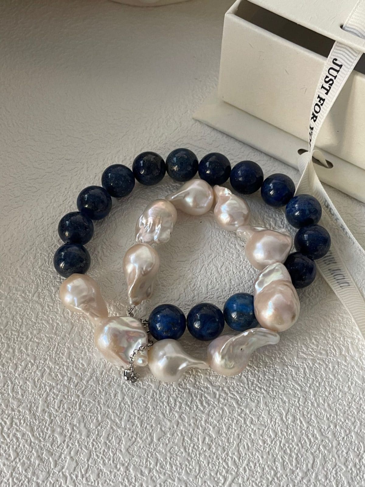 natural gemstone and baroque pearl necklaces — Sterling Silver Lapis Lazuli & Large Baroque Pearl Beaded Necklace | PoetPearl handcrafted jewelry