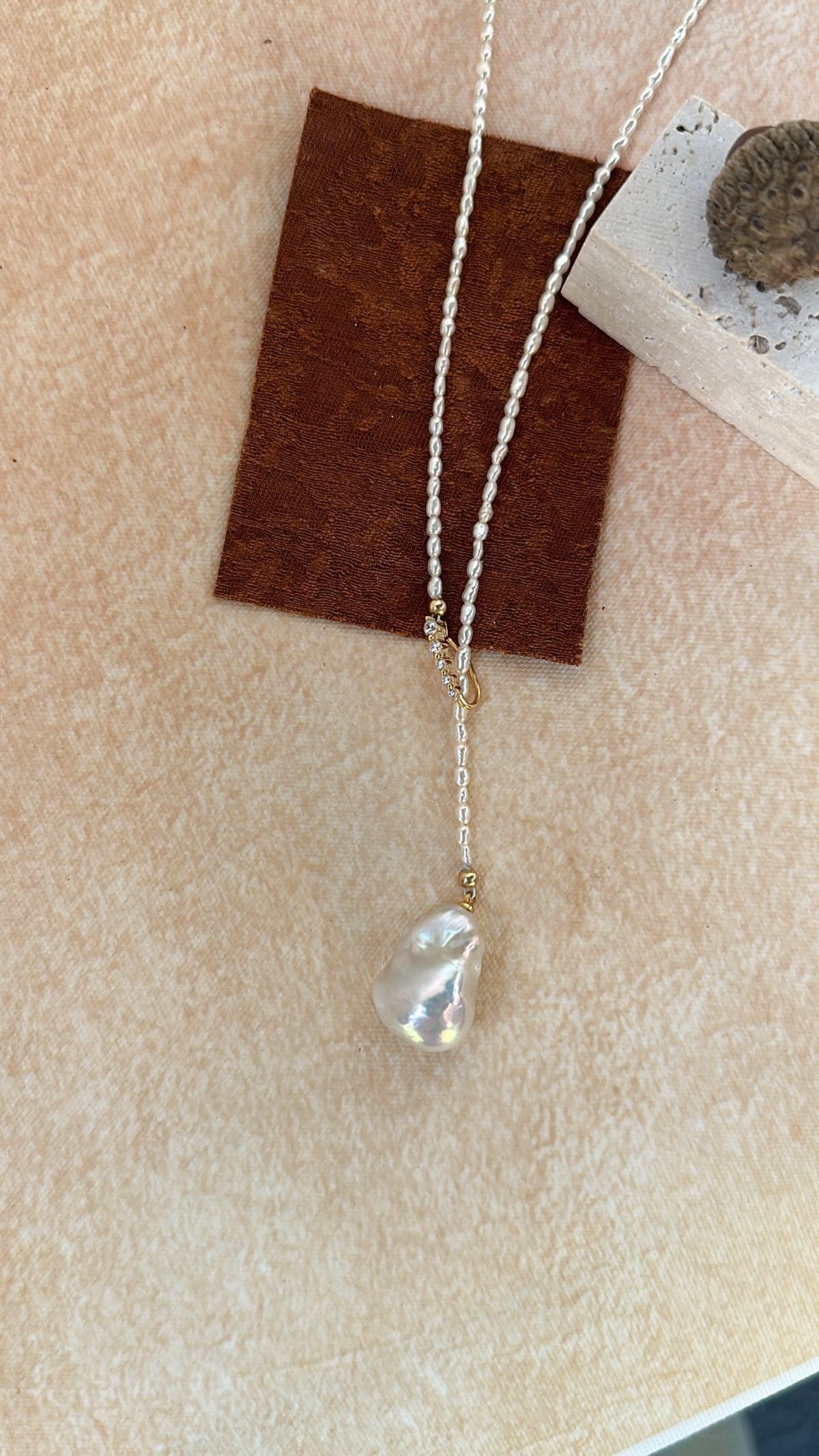 delicate freshwater pearl necklaces — 18K Gold-Plated Silver Y-Shape CZ & Keshi Pearl Long Necklace | PoetPearl handcrafted jewelry