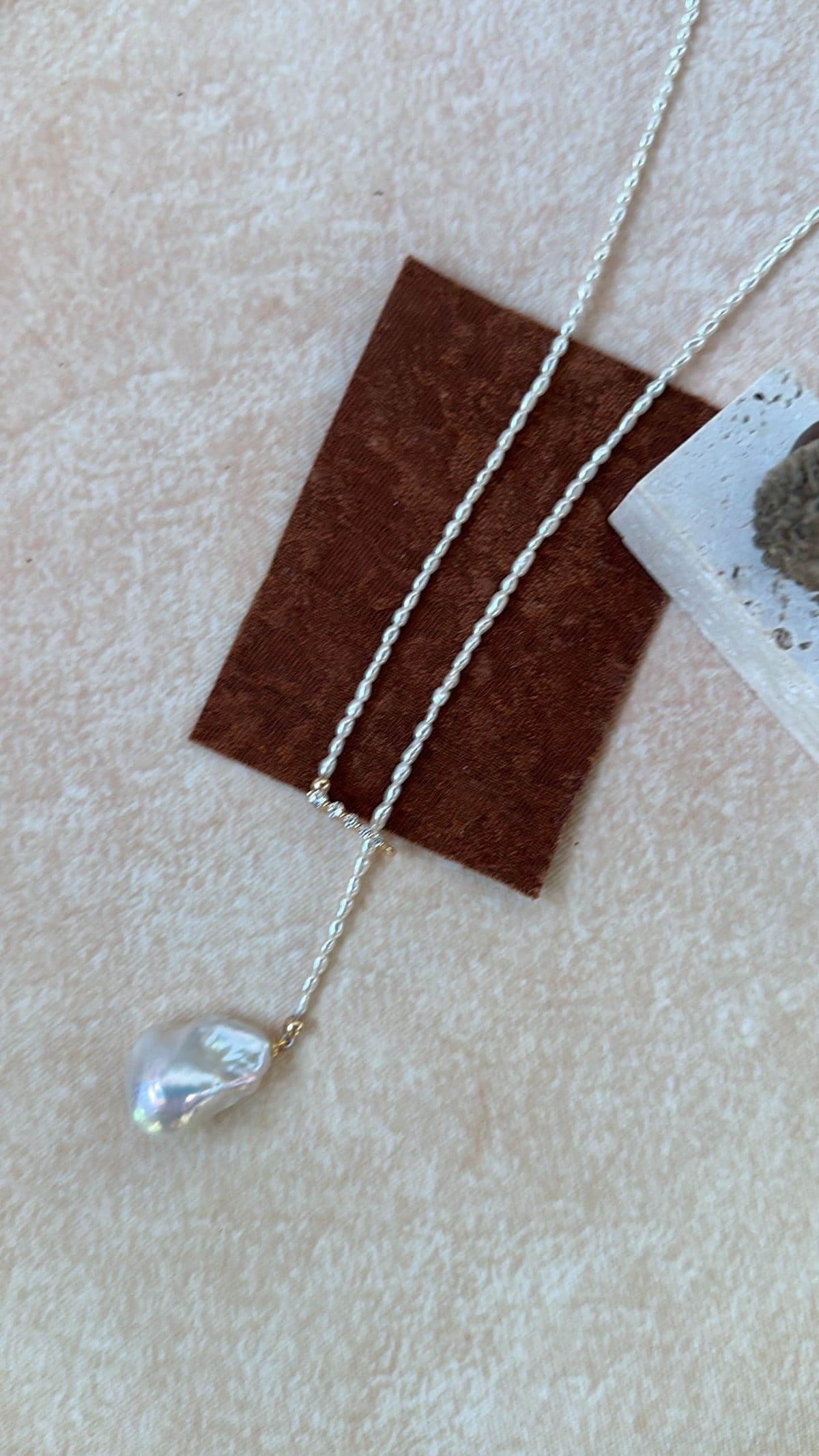 delicate freshwater pearl necklaces — 18K Gold-Plated Silver Y-Shape CZ & Keshi Pearl Long Necklace | PoetPearl handcrafted jewelry