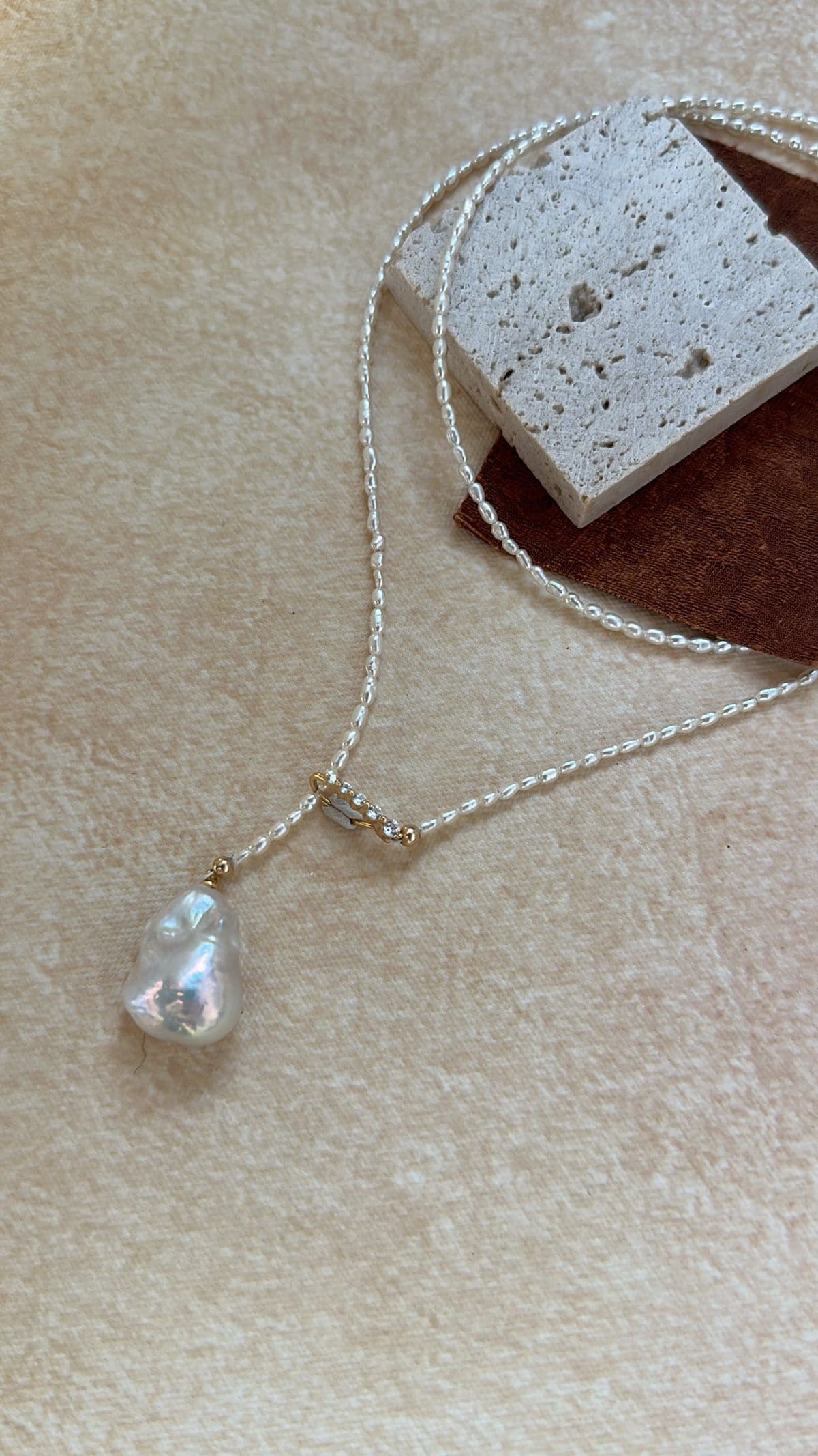 delicate freshwater pearl necklaces — 18K Gold-Plated Silver Y-Shape CZ & Keshi Pearl Long Necklace | PoetPearl handcrafted jewelry