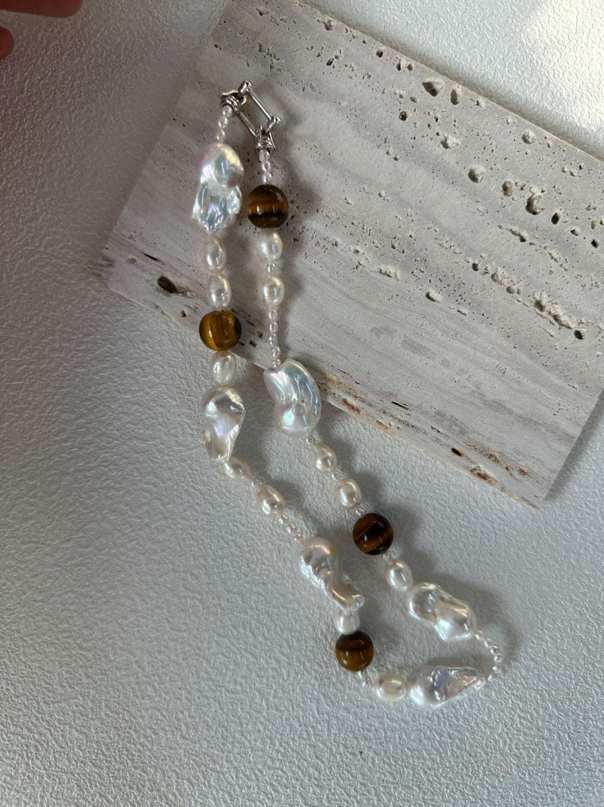 natural gemstone and baroque pearl necklaces — Sterling Silver Amber & Large Baroque Pearl Necklace | PoetPearl handcrafted jewelry