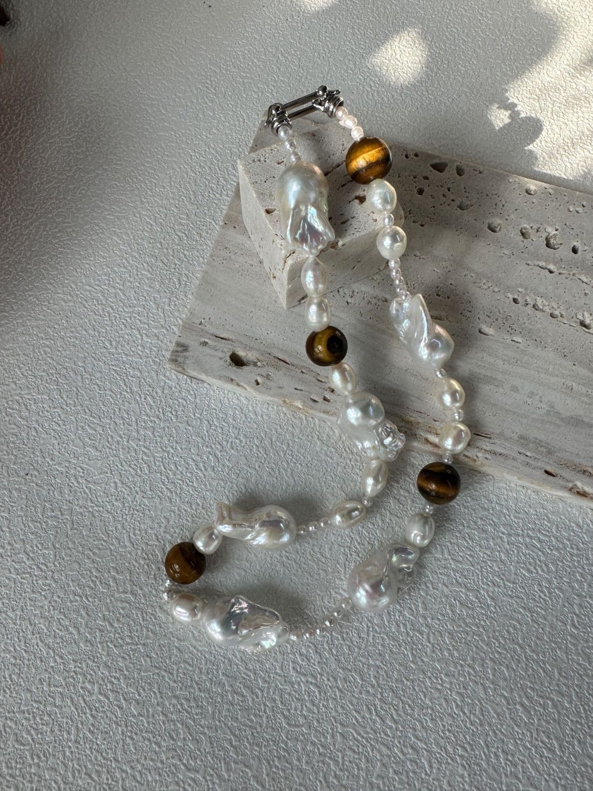 natural gemstone and baroque pearl necklaces — Sterling Silver Amber & Large Baroque Pearl Necklace | PoetPearl handcrafted jewelry