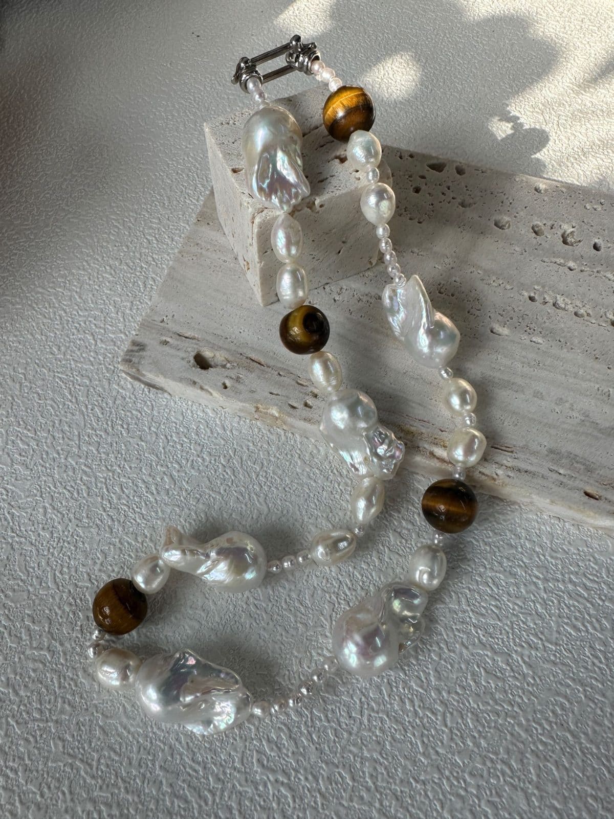 natural gemstone and baroque pearl necklaces — Sterling Silver Amber & Large Baroque Pearl Necklace | PoetPearl handcrafted jewelry