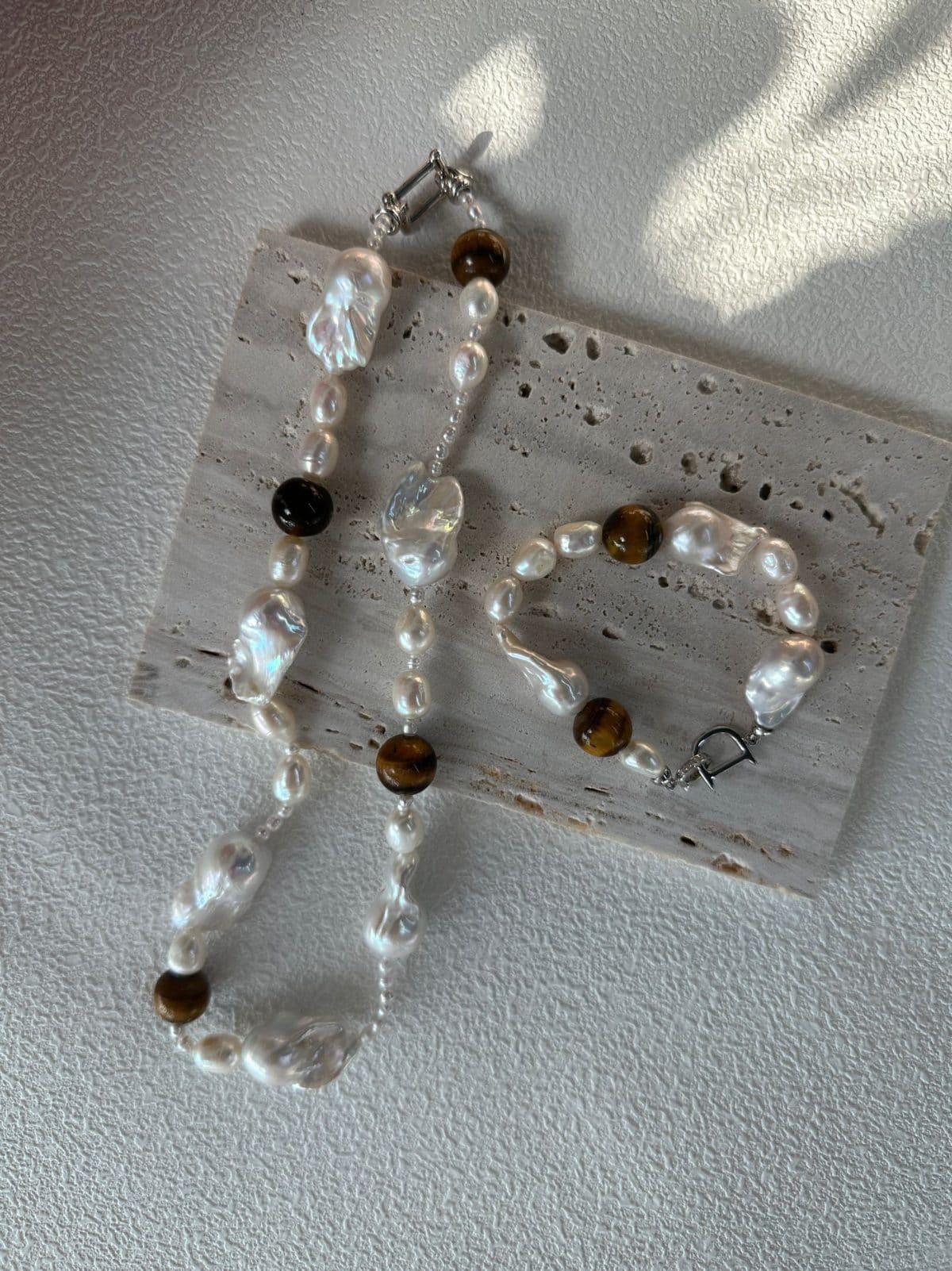 natural gemstone and baroque pearl necklaces — Sterling Silver Amber & Large Baroque Pearl Necklace | PoetPearl handcrafted jewelry