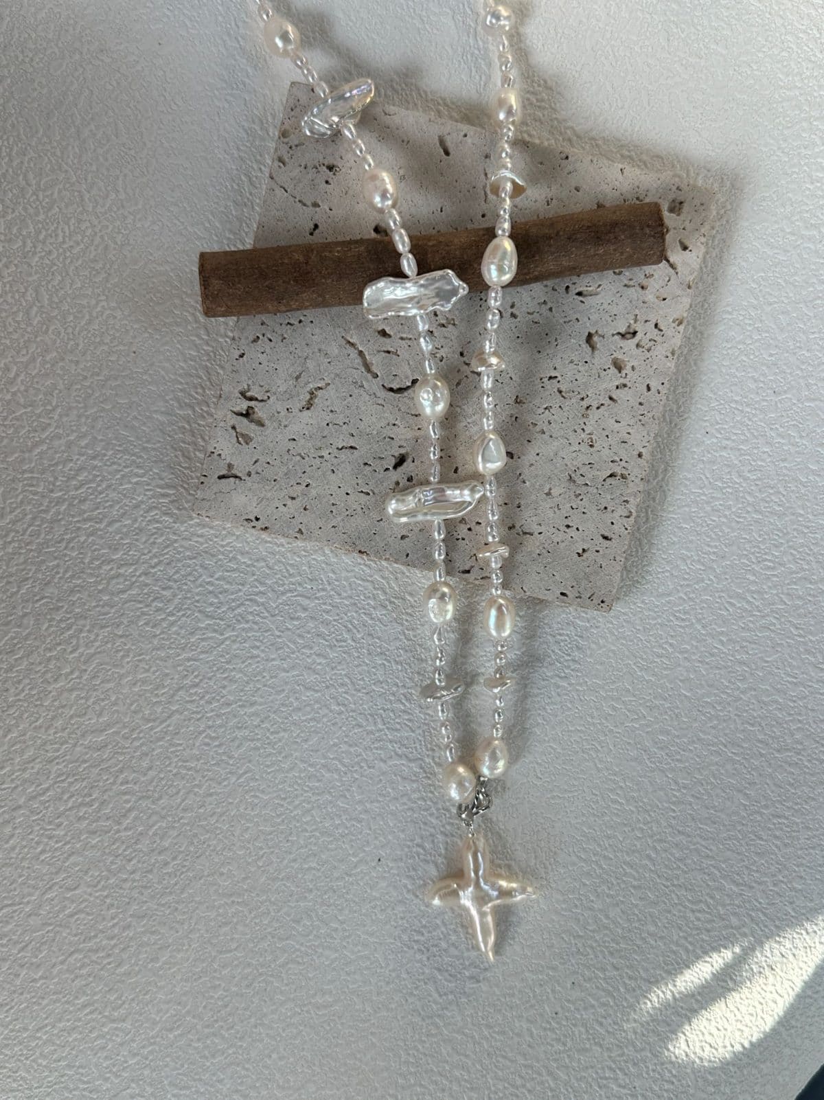handcrafted baroque pearl gift necklaces — Sterling Silver Cross Long Necklace | PoetPearl handcrafted jewelry