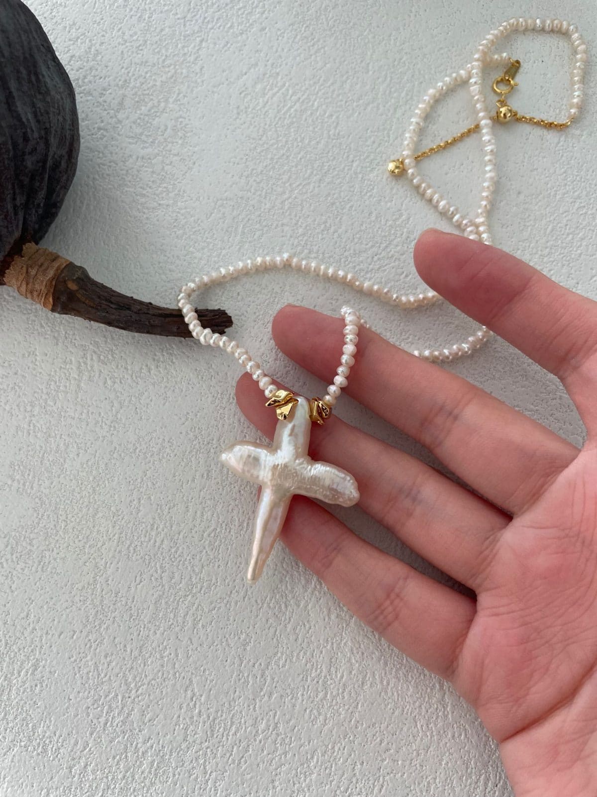 handcrafted baroque pearl gift necklaces — Gold-Plated Silver Clasp Cross Baroque Pearl Necklace | PoetPearl handcrafted jewelry