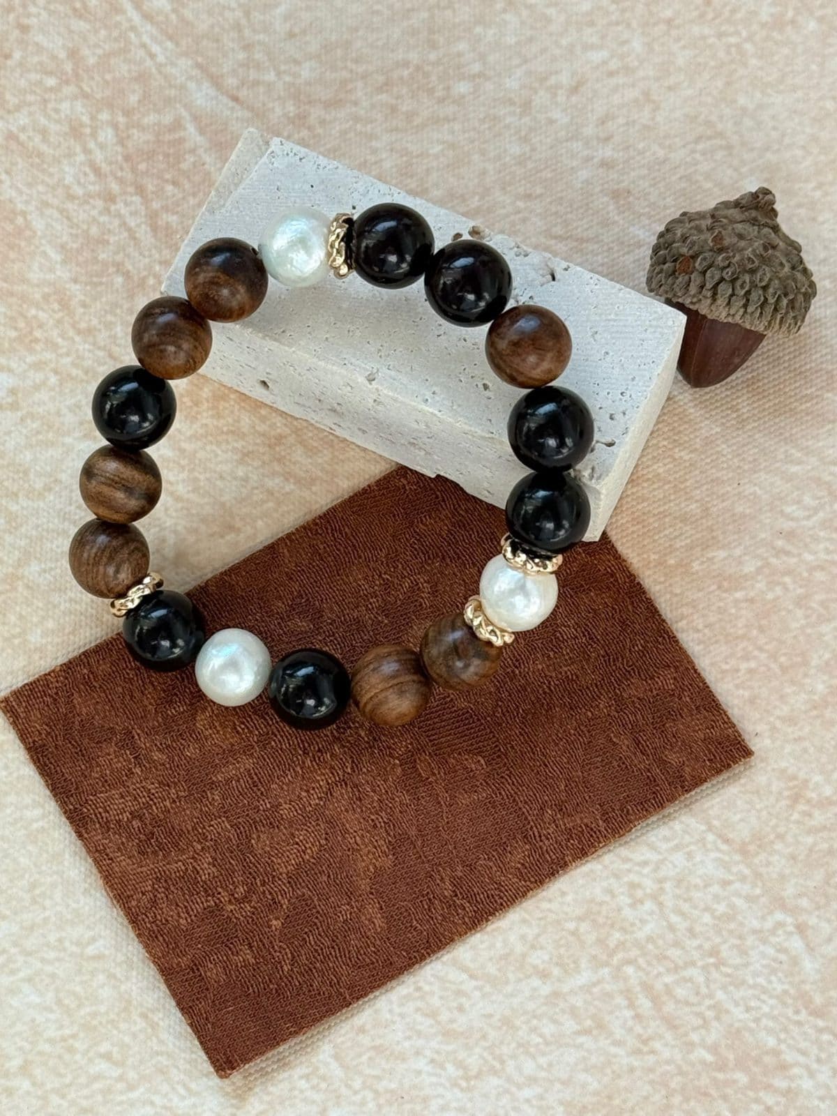 natural gemstone and baroque pearl bracelets — Vandyke Brown Wood Beaded Bracelet | PoetPearl handcrafted jewelry