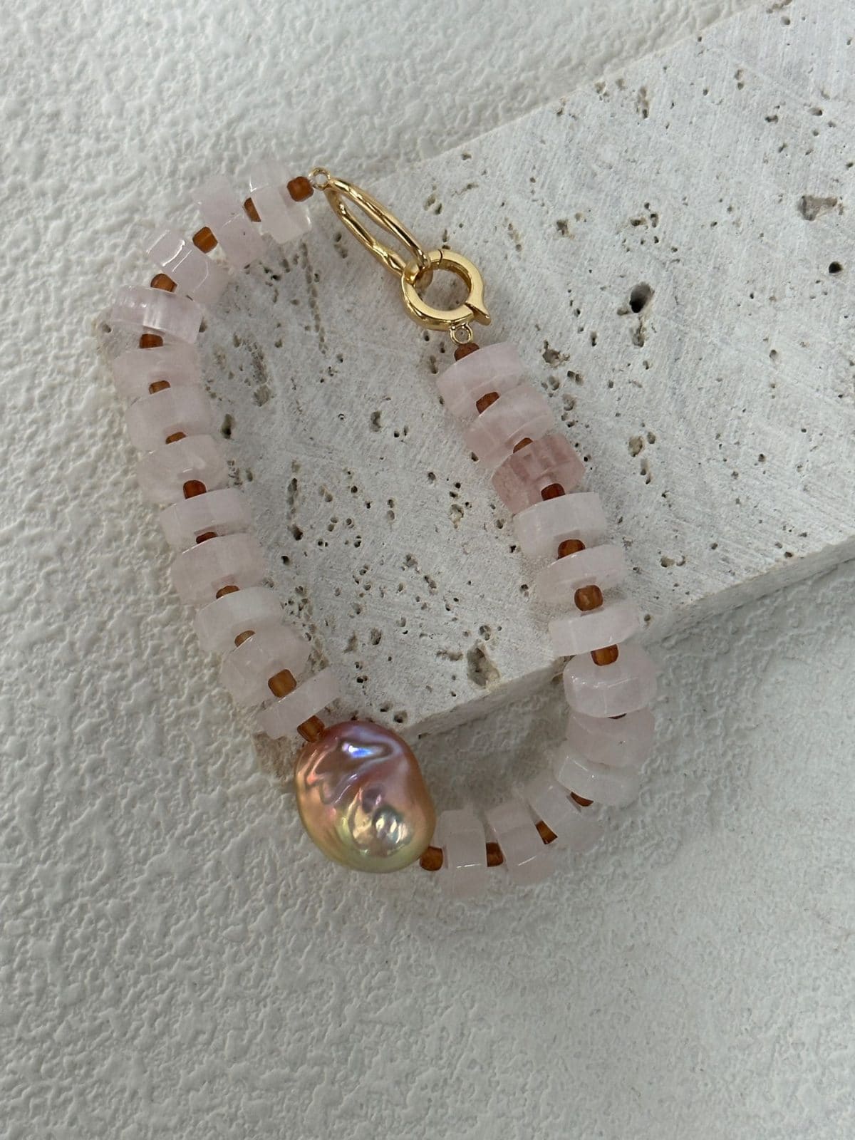 natural gemstone and baroque pearl bracelets — 18K Gold-Plated Silver Rose Pink Quartz & Baroque Pearl Bracelet | PoetPearl handcrafted jewelry