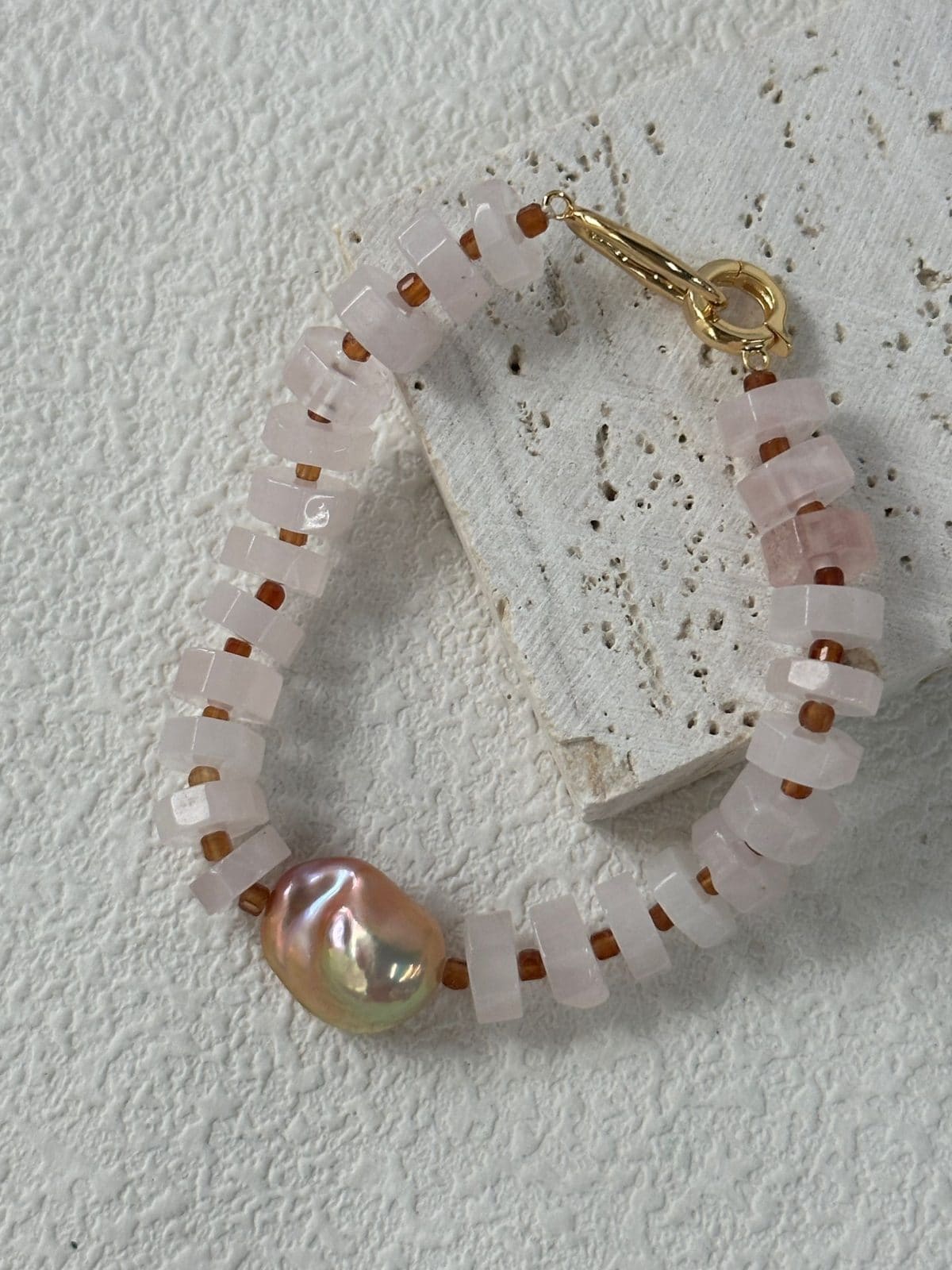 natural gemstone and baroque pearl bracelets — 18K Gold-Plated Silver Rose Pink Quartz & Baroque Pearl Bracelet | PoetPearl handcrafted jewelry