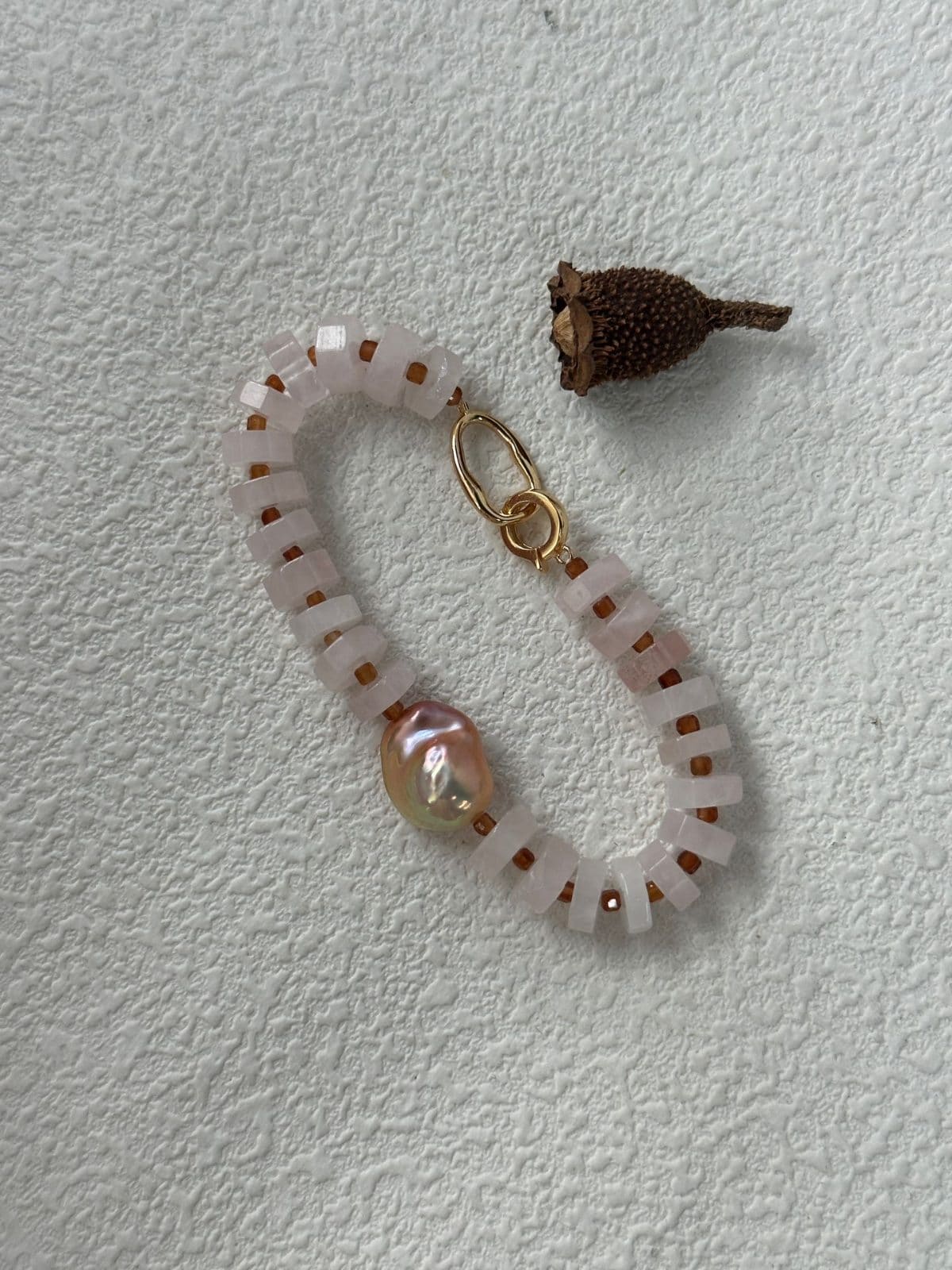 natural gemstone and baroque pearl bracelets — 18K Gold-Plated Silver Rose Pink Quartz & Baroque Pearl Bracelet | PoetPearl handcrafted jewelry
