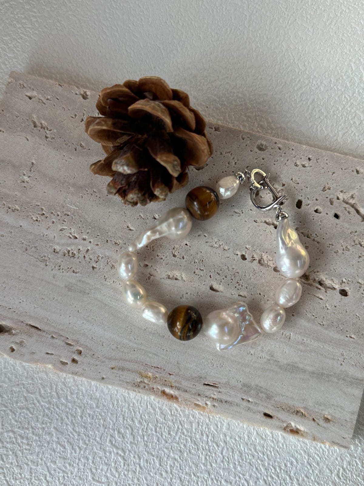 natural gemstone and baroque pearl bracelets — Sterling Silver Amber & Large Baroque Pearl Bracelet | PoetPearl handcrafted jewelry