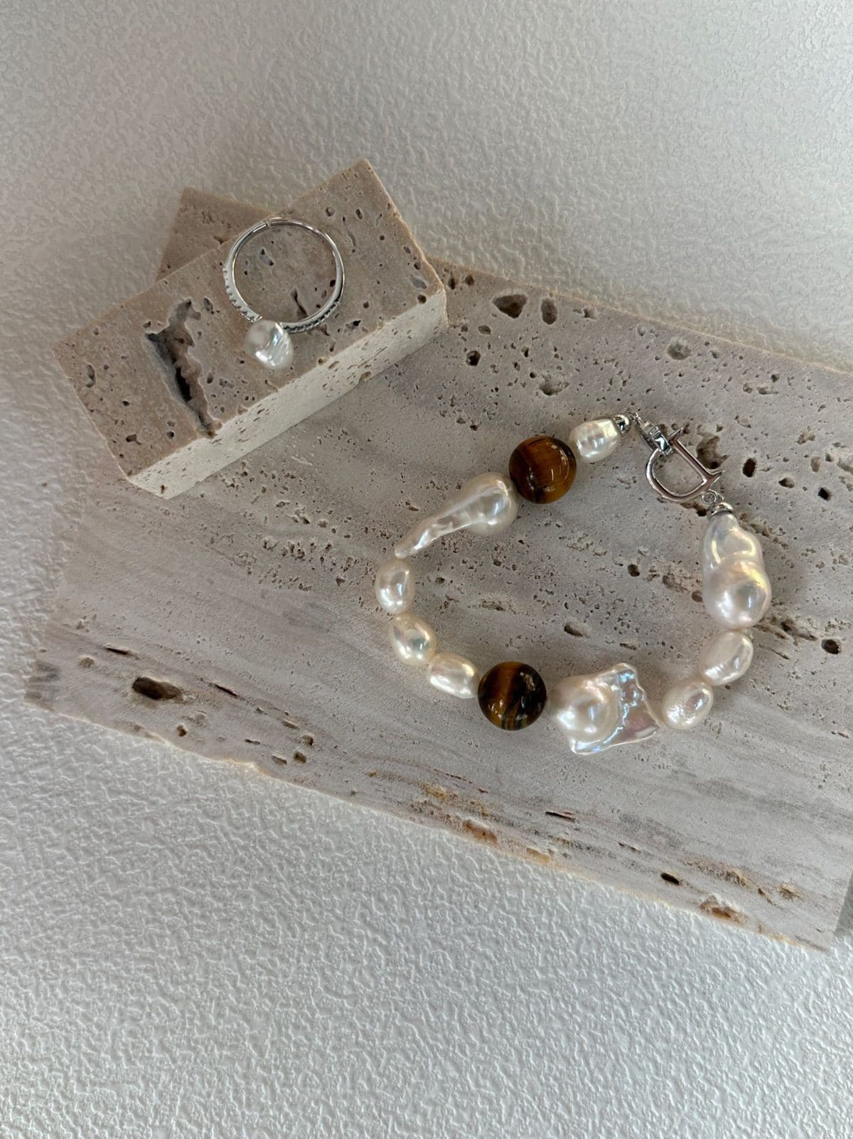 natural gemstone and baroque pearl bracelets — Sterling Silver Amber & Large Baroque Pearl Bracelet | PoetPearl handcrafted jewelry