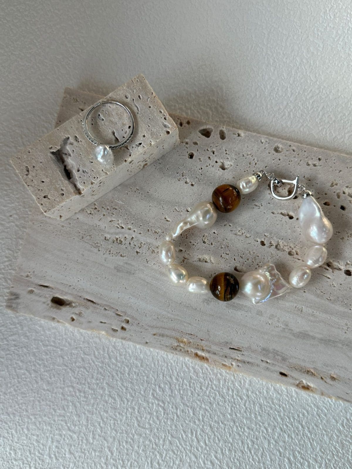 natural gemstone and baroque pearl bracelets — Sterling Silver Amber & Large Baroque Pearl Bracelet | PoetPearl handcrafted jewelry