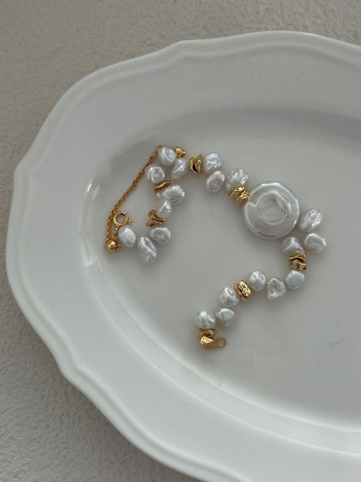 delicate freshwater pearl bracelets — 18K Gold-Plated Silver Clasp Disc Keshi Pearl Bracelet | PoetPearl handcrafted jewelry