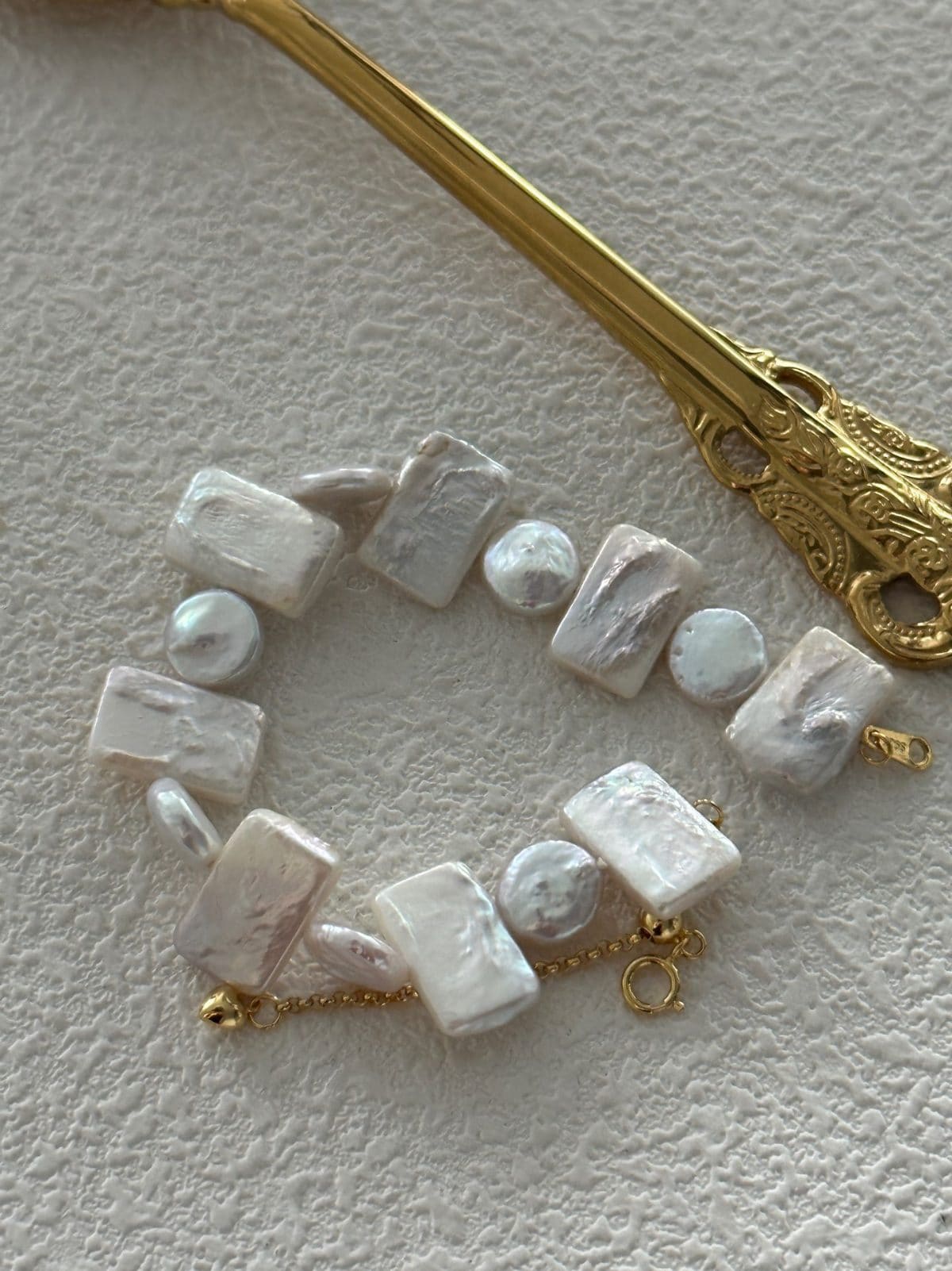 minimalist baroque pearl bracelets — 18K Gold-Plated Silver Square & Round Geometric Pearl Bracelet | PoetPearl handcrafted jewelry