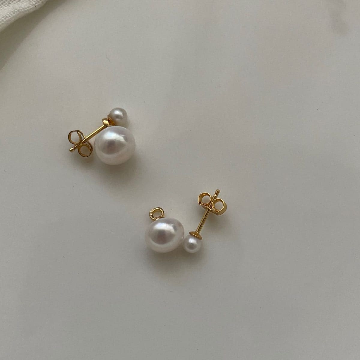 delicate freshwater pearl earrings — 14K Gold-Filled Double Genuine Pearl Stud Earrings | PoetPearl handcrafted jewelry