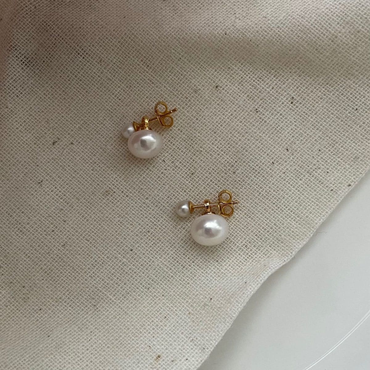 delicate freshwater pearl earrings — 14K Gold-Filled Double Genuine Pearl Stud Earrings | PoetPearl handcrafted jewelry