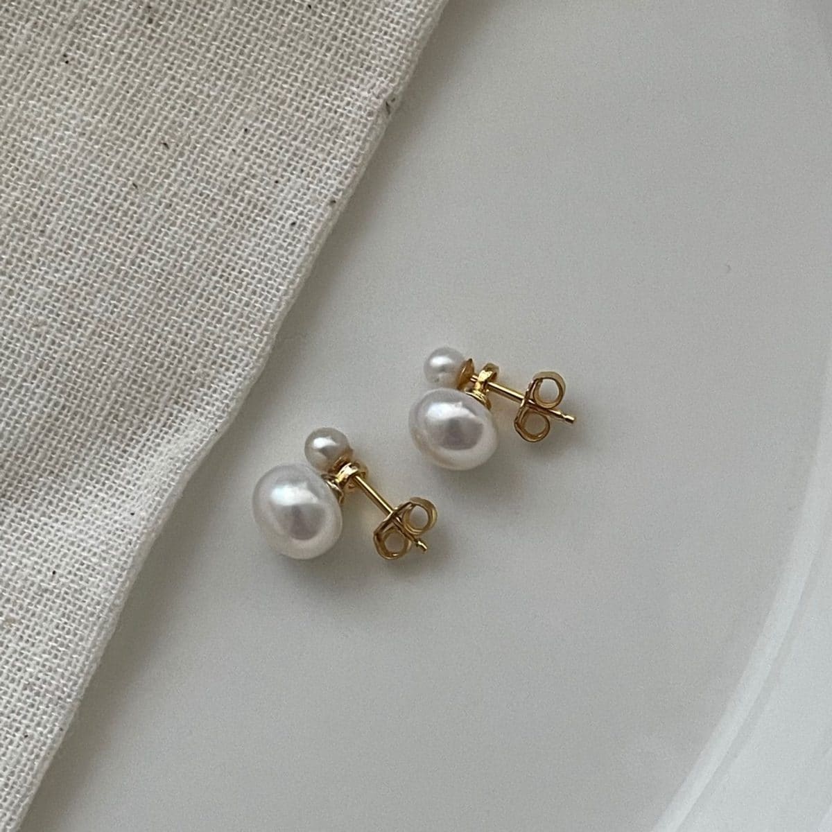 delicate freshwater pearl earrings — 14K Gold-Filled Double Genuine Pearl Stud Earrings | PoetPearl handcrafted jewelry