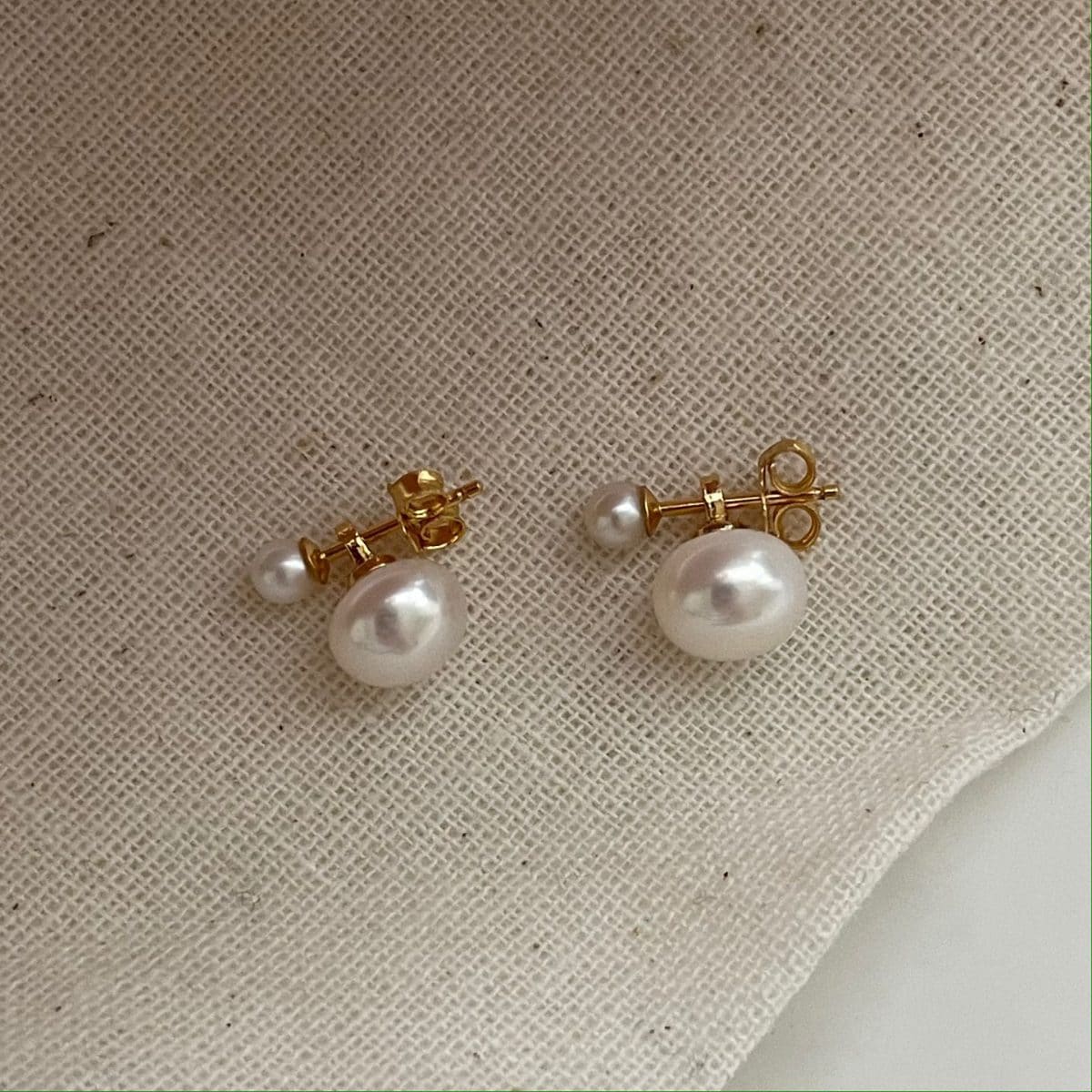 delicate freshwater pearl earrings — 14K Gold-Filled Double Genuine Pearl Stud Earrings | PoetPearl handcrafted jewelry
