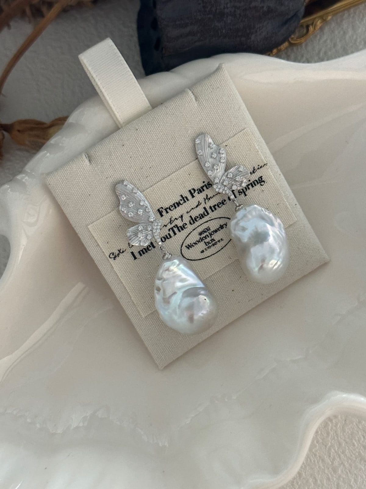 handcrafted baroque pearl gift earrings — Sterling Silver Butterfly Baroque Pearl Drop Earrings | PoetPearl handcrafted jewelry