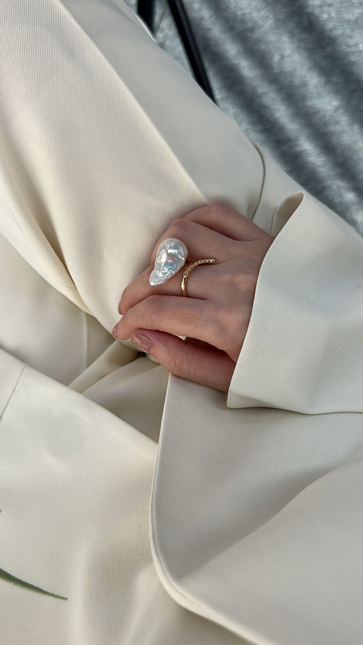 statement large baroque pearl rings — Sterling Silver Linear Zircon Large Baroque Pearl Ring | PoetPearl handcrafted jewelry