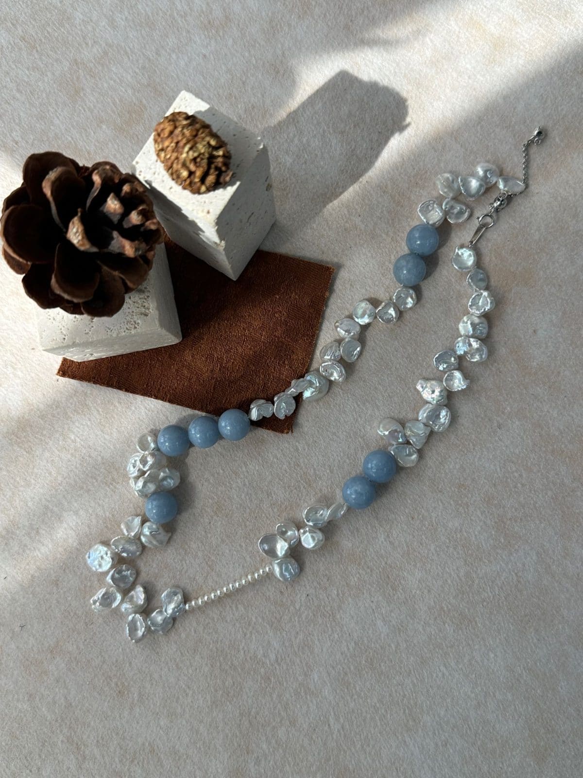 natural gemstone and baroque pearl necklaces — Blue Petal Stone & Keshi Pearl Choker Necklace | PoetPearl handcrafted jewelry
