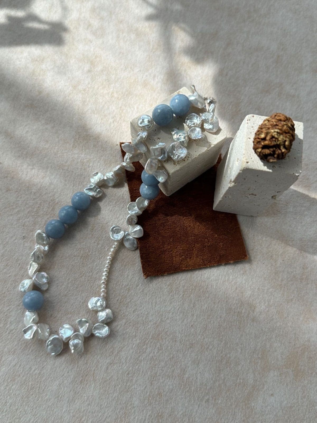 natural gemstone and baroque pearl necklaces — Blue Petal Stone & Keshi Pearl Choker Necklace | PoetPearl handcrafted jewelry