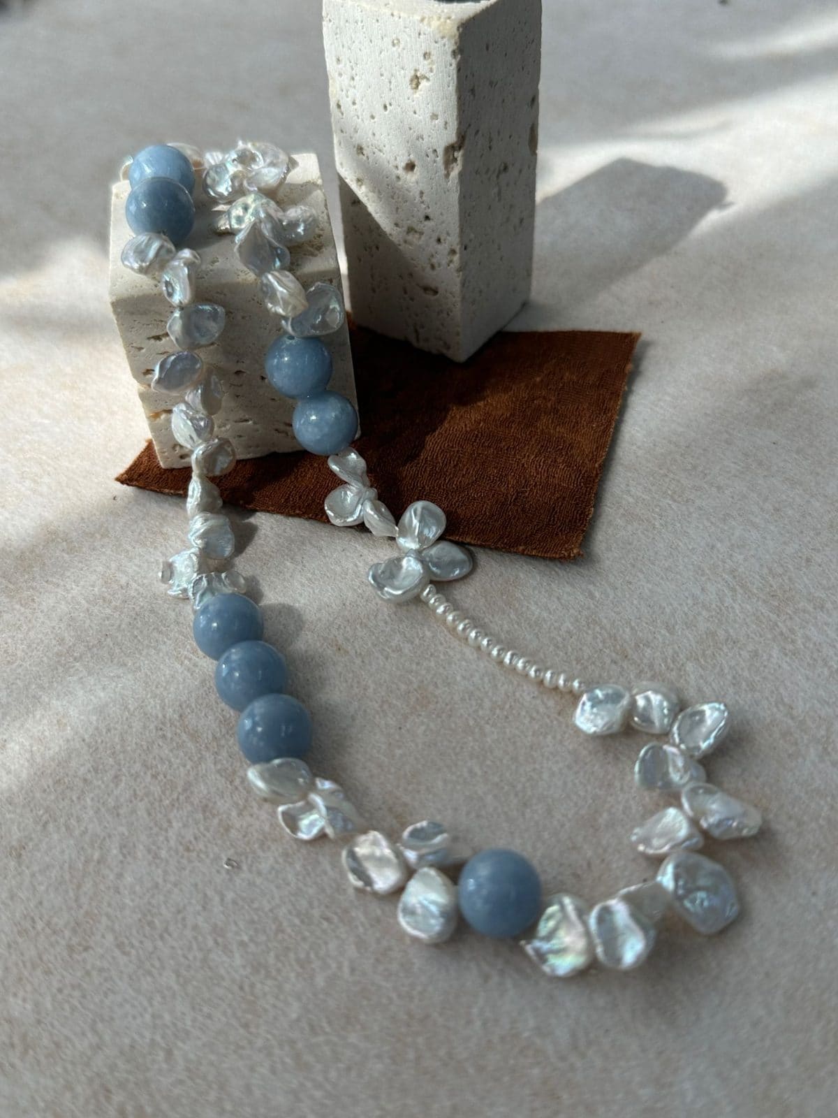 natural gemstone and baroque pearl necklaces — Blue Petal Stone & Keshi Pearl Choker Necklace | PoetPearl handcrafted jewelry