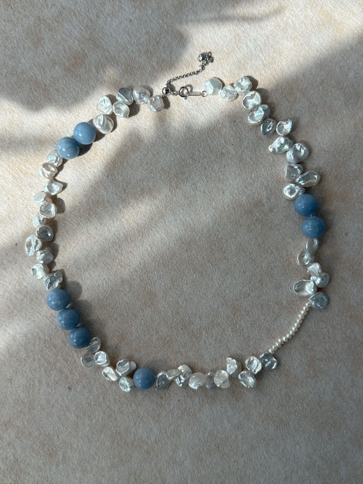 natural gemstone and baroque pearl necklaces — Blue Petal Stone & Keshi Pearl Choker Necklace | PoetPearl handcrafted jewelry