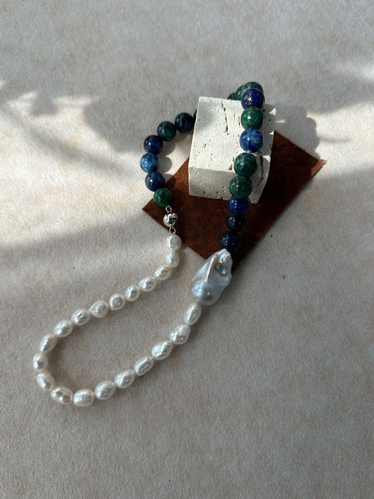 natural gemstone and baroque pearl necklaces — Turquoise & Baroque Pearl Contrast Necklace | PoetPearl handcrafted jewelry