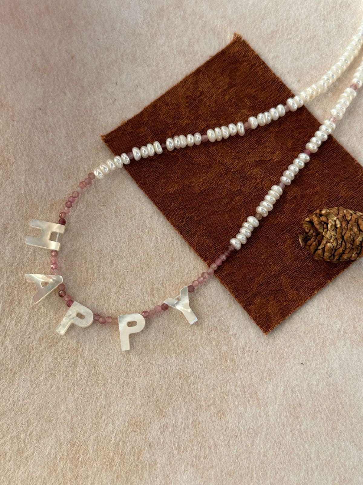 natural gemstone and baroque pearl necklaces — "HAPPY" Letter Pearl & Pink Tourmaline Necklace | PoetPearl handcrafted jewelry