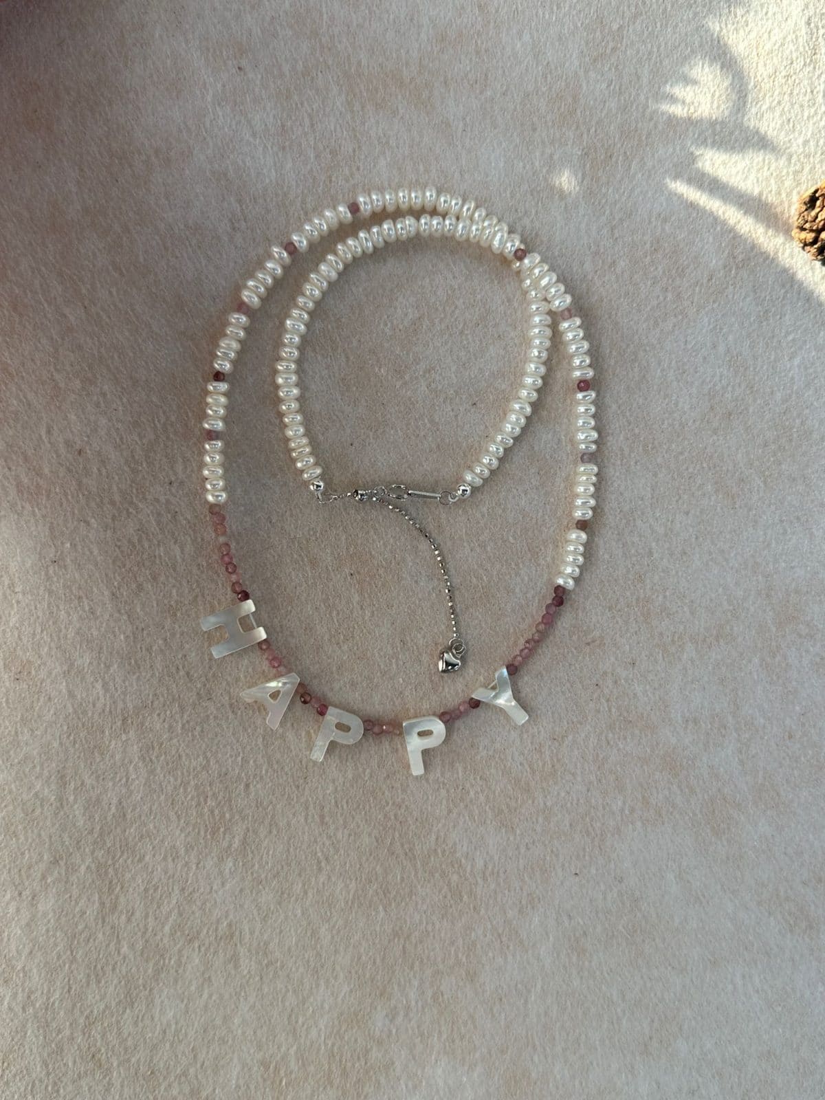natural gemstone and baroque pearl necklaces — "HAPPY" Letter Pearl & Pink Tourmaline Necklace | PoetPearl handcrafted jewelry