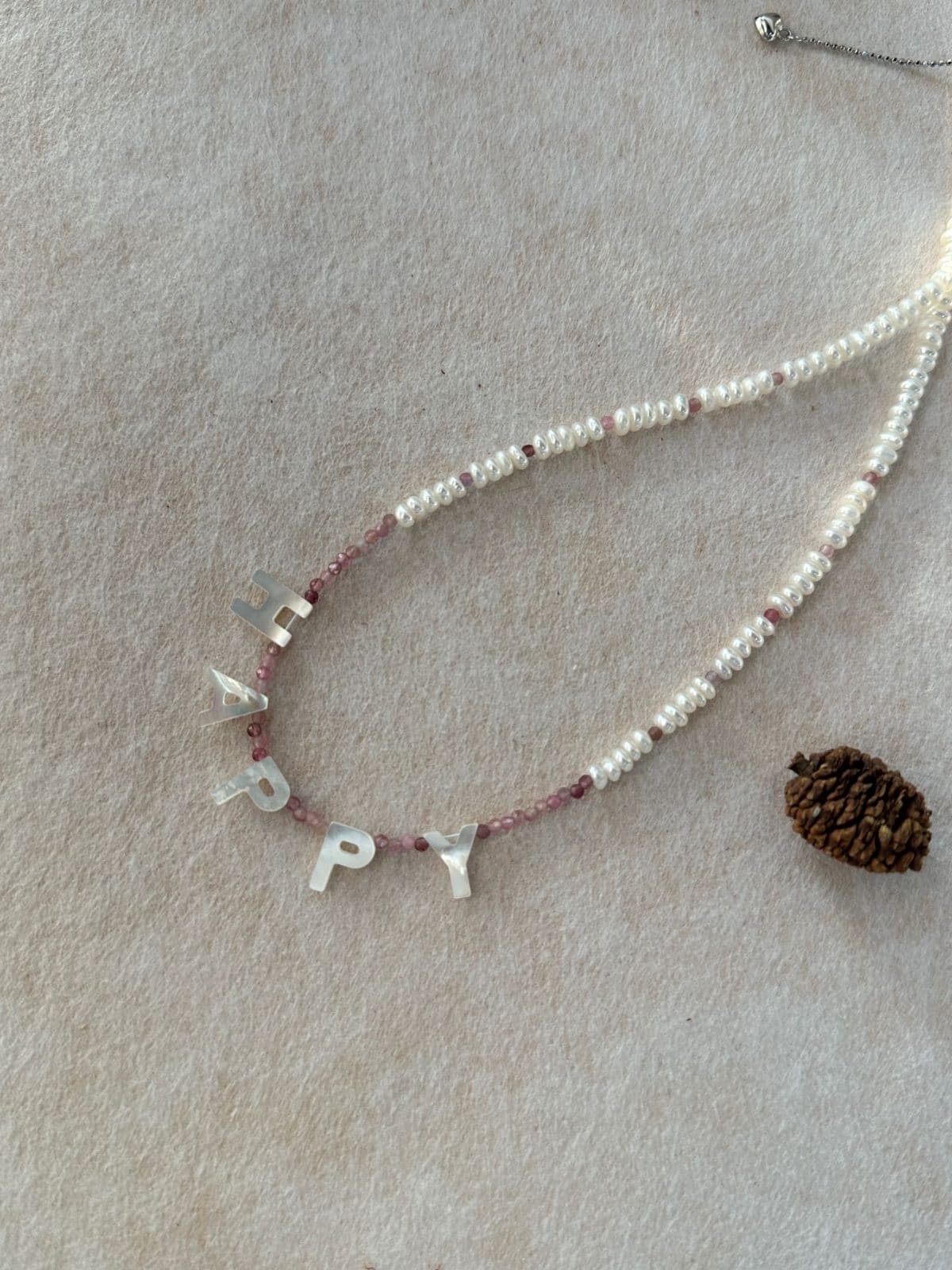 natural gemstone and baroque pearl necklaces — "HAPPY" Letter Pearl & Pink Tourmaline Necklace | PoetPearl handcrafted jewelry