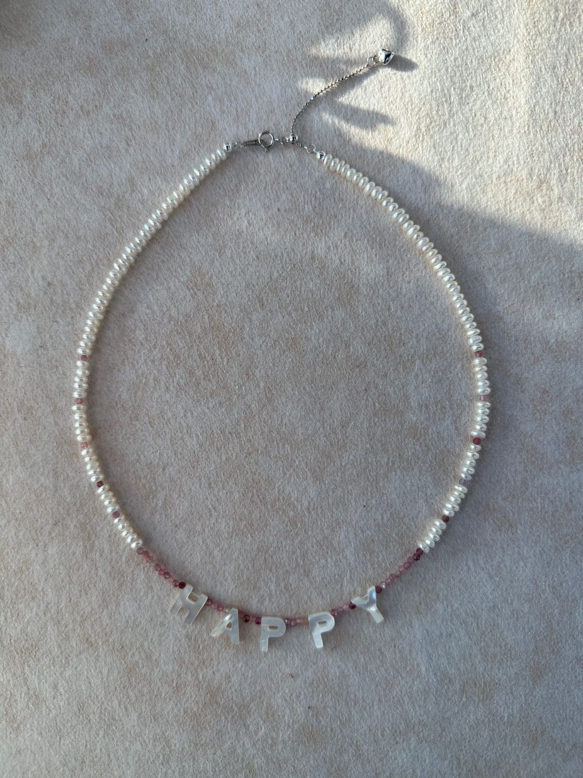 natural gemstone and baroque pearl necklaces — "HAPPY" Letter Pearl & Pink Tourmaline Necklace | PoetPearl handcrafted jewelry