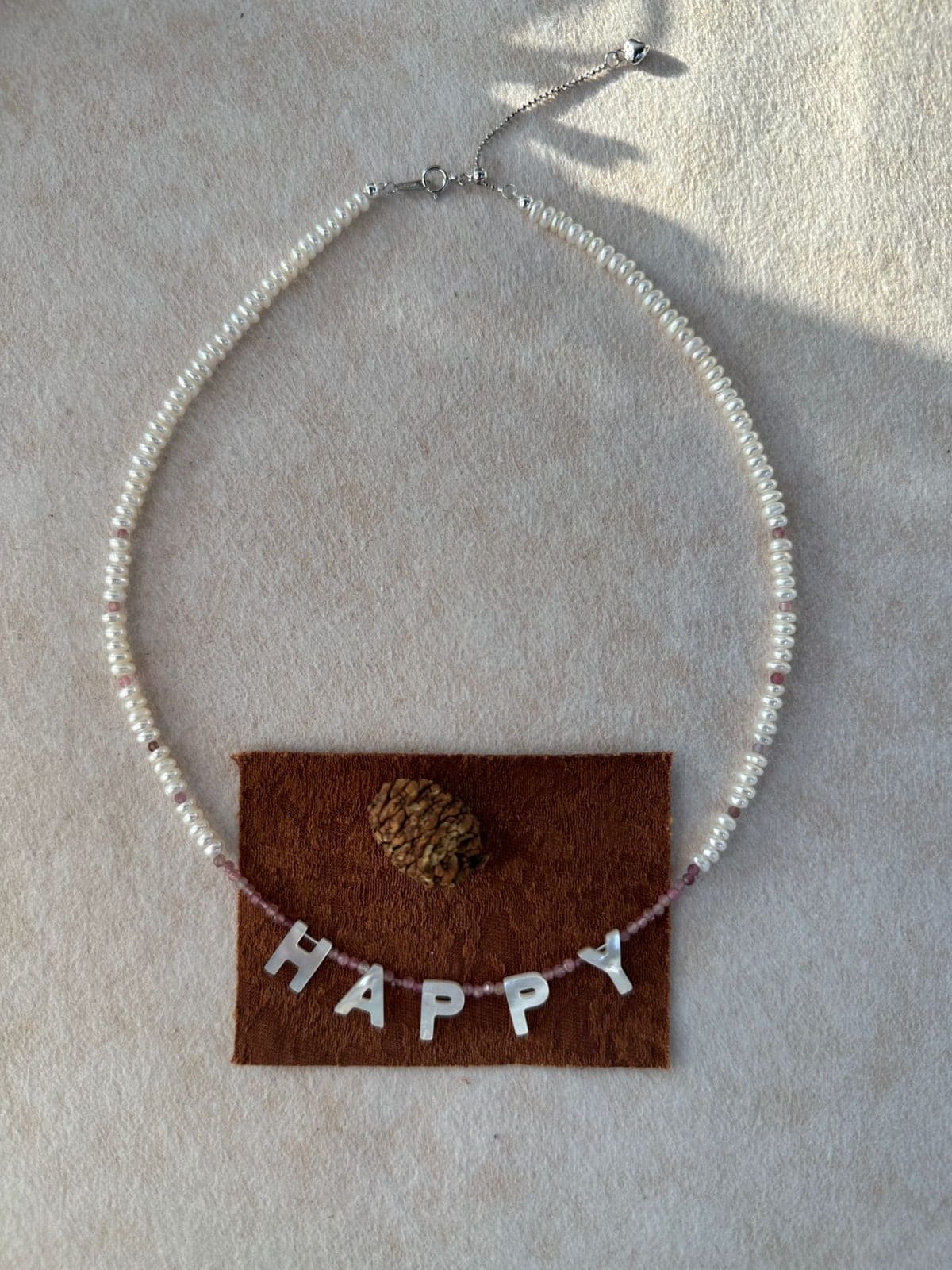 natural gemstone and baroque pearl necklaces — "HAPPY" Letter Pearl & Pink Tourmaline Necklace | PoetPearl handcrafted jewelry