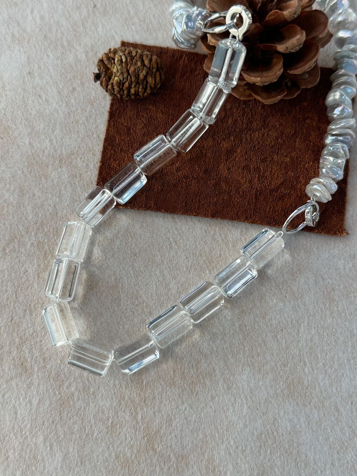 natural gemstone and baroque pearl necklaces — Clear Triangle Crystal & Keshi Pearl Choker Necklace | PoetPearl handcrafted jewelry