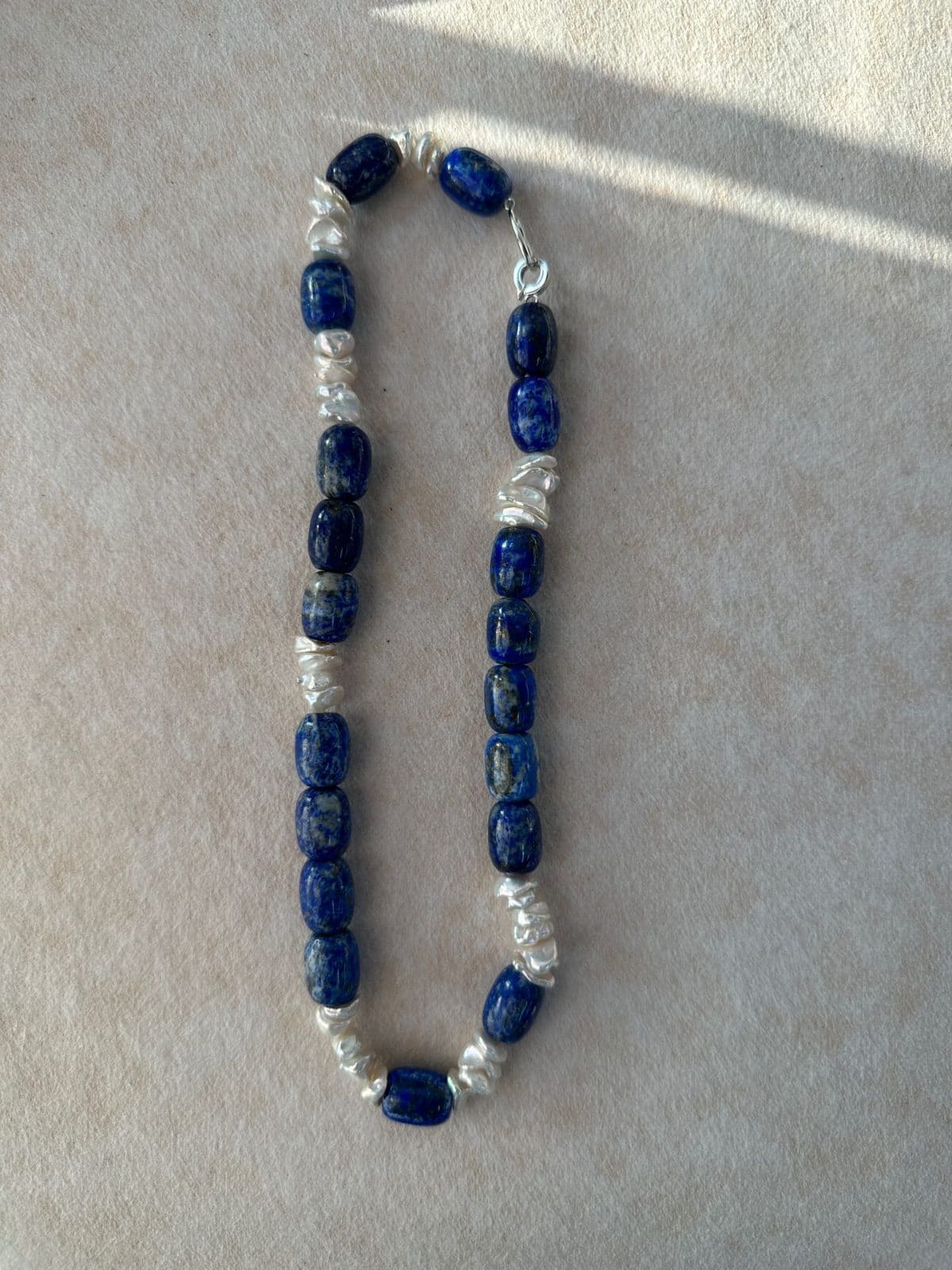 natural gemstone and baroque pearl necklaces — Lapis Lazuli & Keshi Pearl Contrast Necklace | PoetPearl handcrafted jewelry