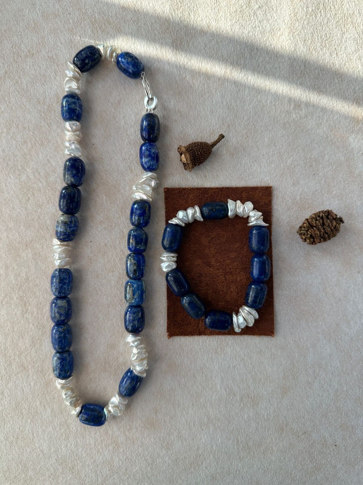 natural gemstone and baroque pearl necklaces — Lapis Lazuli & Keshi Pearl Contrast Necklace | PoetPearl handcrafted jewelry