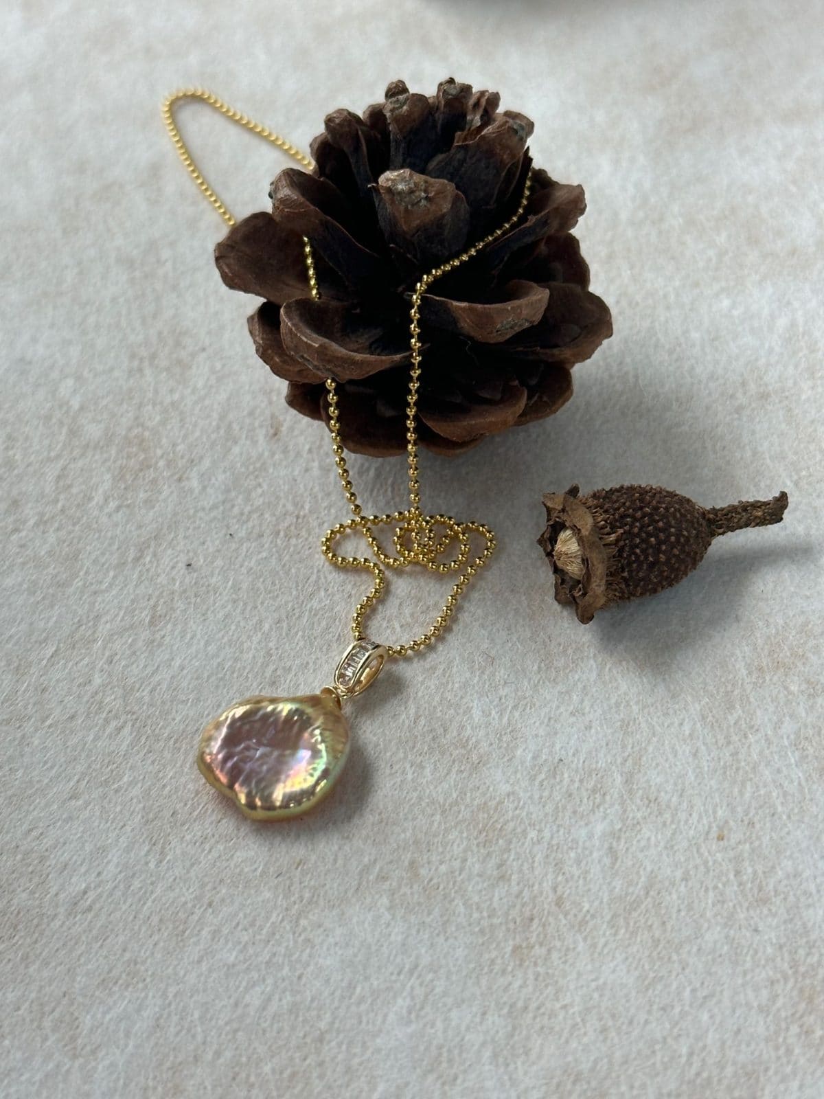 minimalist baroque pearl necklaces — Cute Golden Petal Baroque Pearl Necklace | 18K Gold Plated Beaded Chain | 41cm | PoetPearl handcrafted jewelry