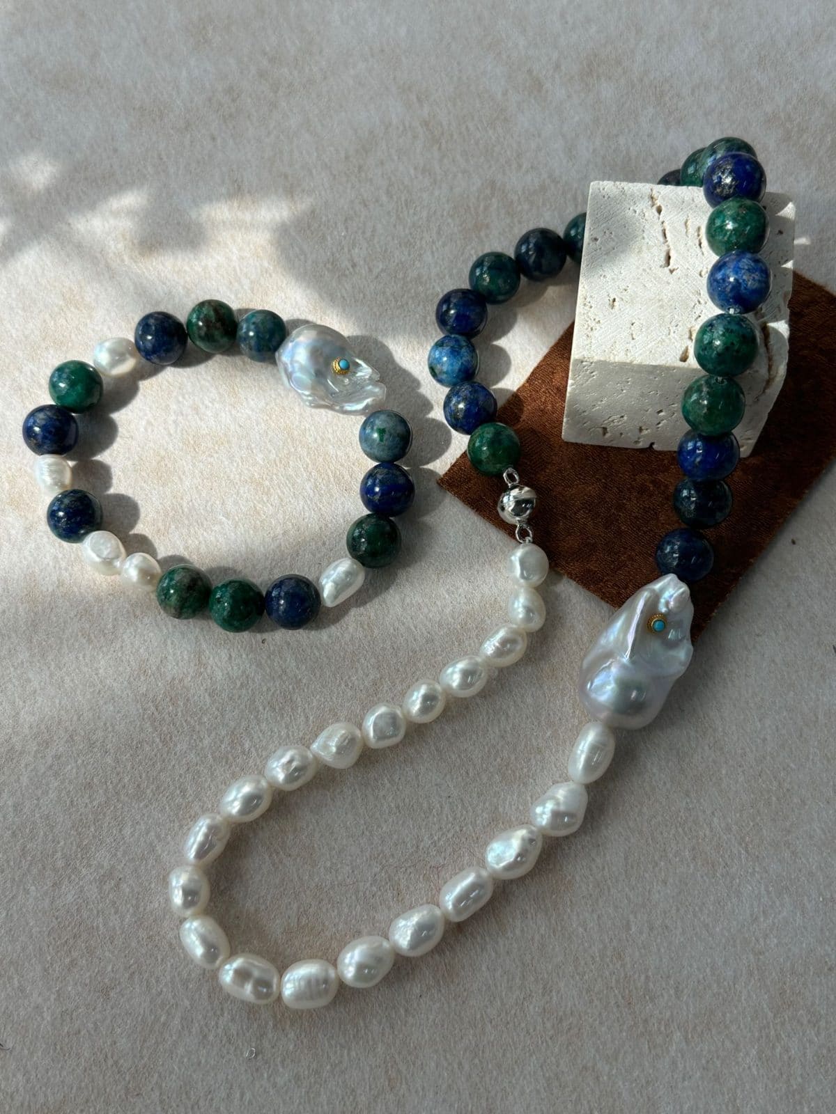 natural gemstone and baroque pearl bracelets — Natural Turquoise & Baroque Pearl Beaded Bracelet | PoetPearl handcrafted jewelry