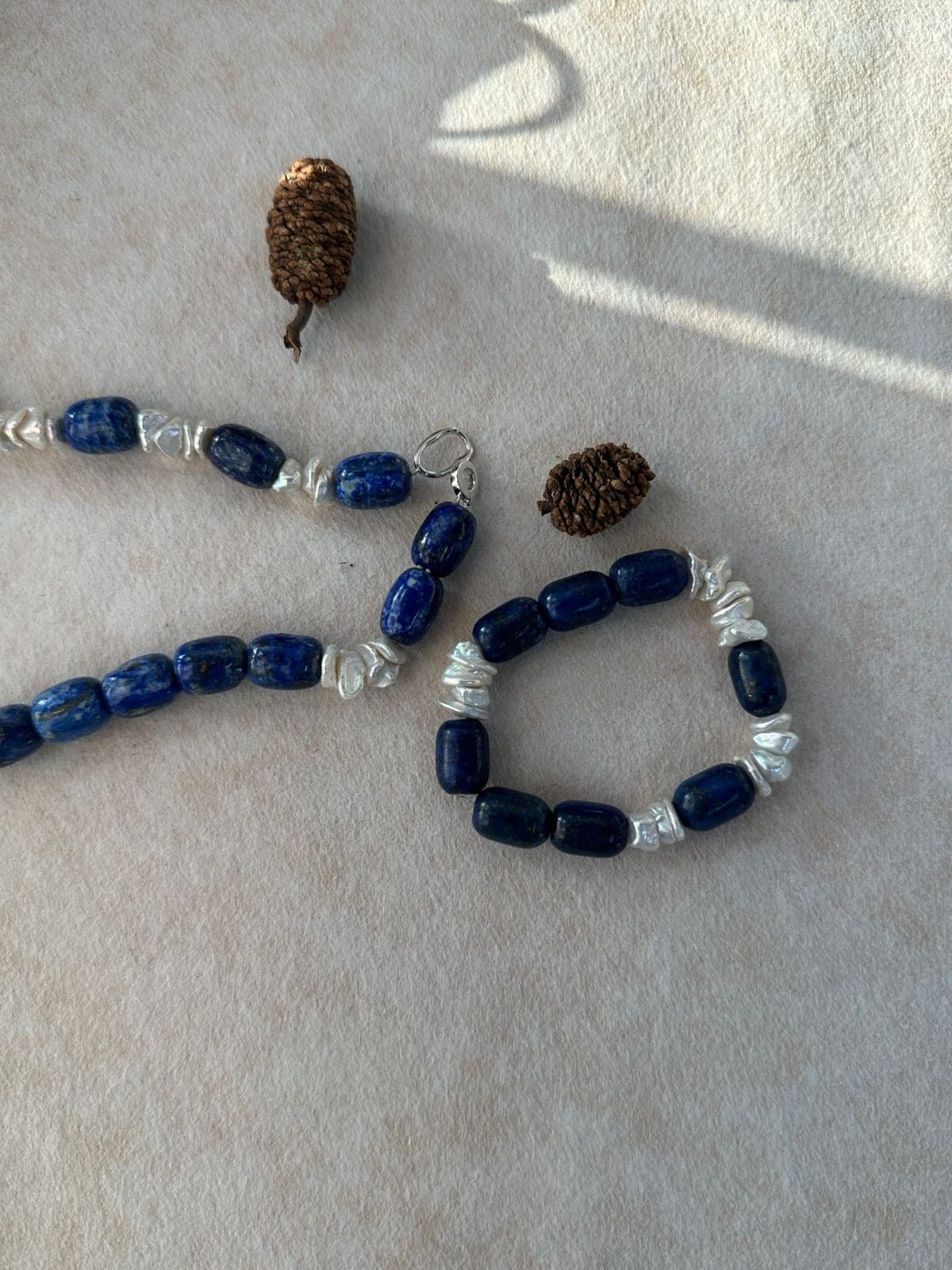 natural gemstone and baroque pearl bracelets — Natural Blue Stone & Baroque Pearl Stretch Bracelet | PoetPearl handcrafted jewelry